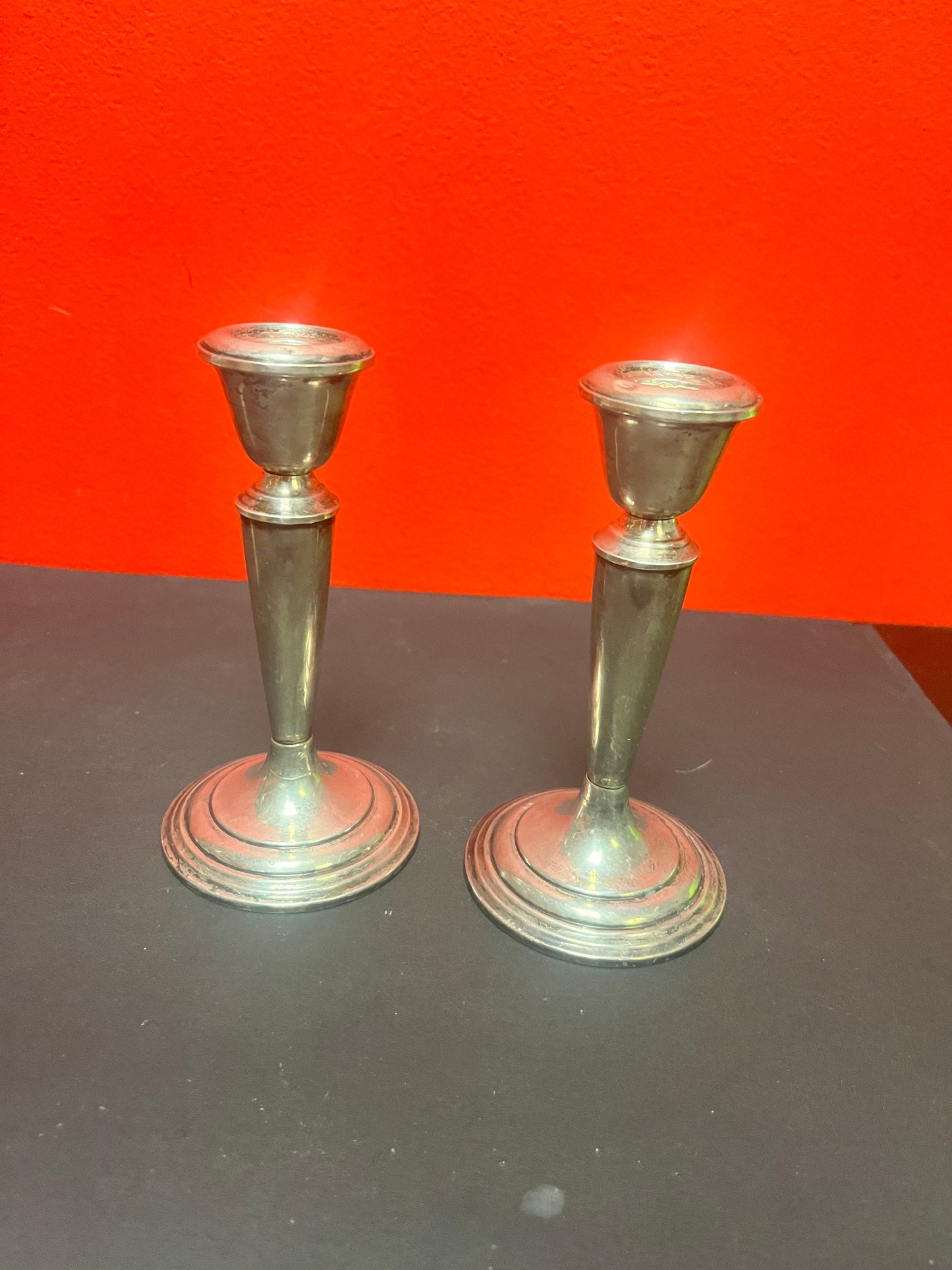 Pair of heavy beautiful antique sterling  6 1/2 inch tall candlesticks