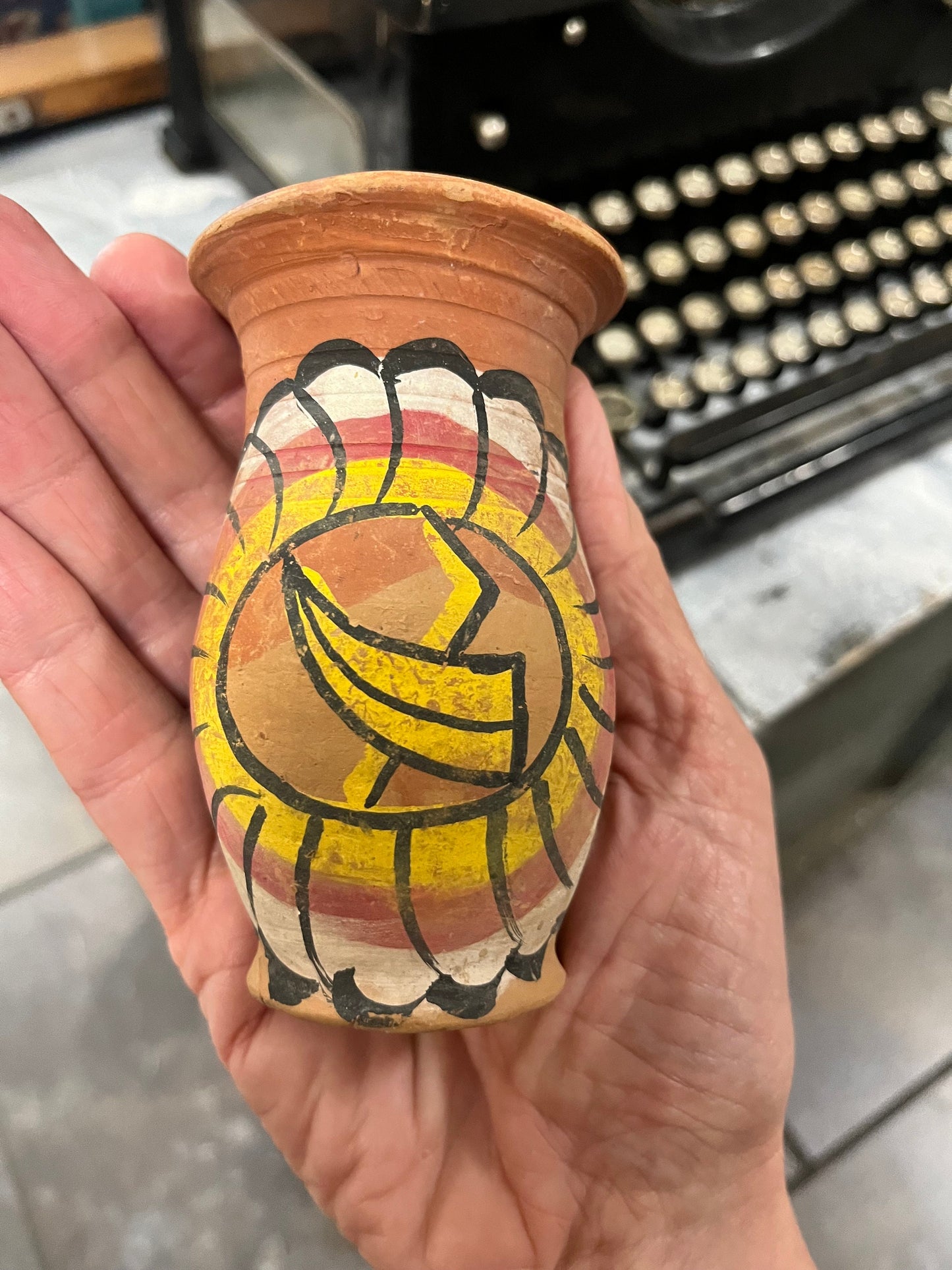 Antique 5 inch tall stunning Nepalese Hinduism clay vase   beautiful gift