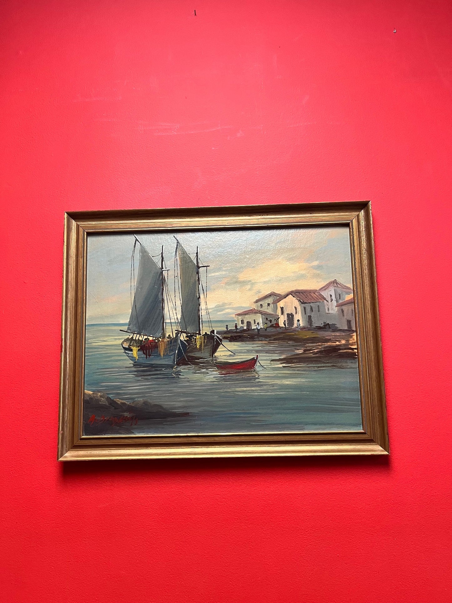 Absolutely fabulous 22 x 17 vintage Greek signed painting   lovely frame  provenance on back  wow