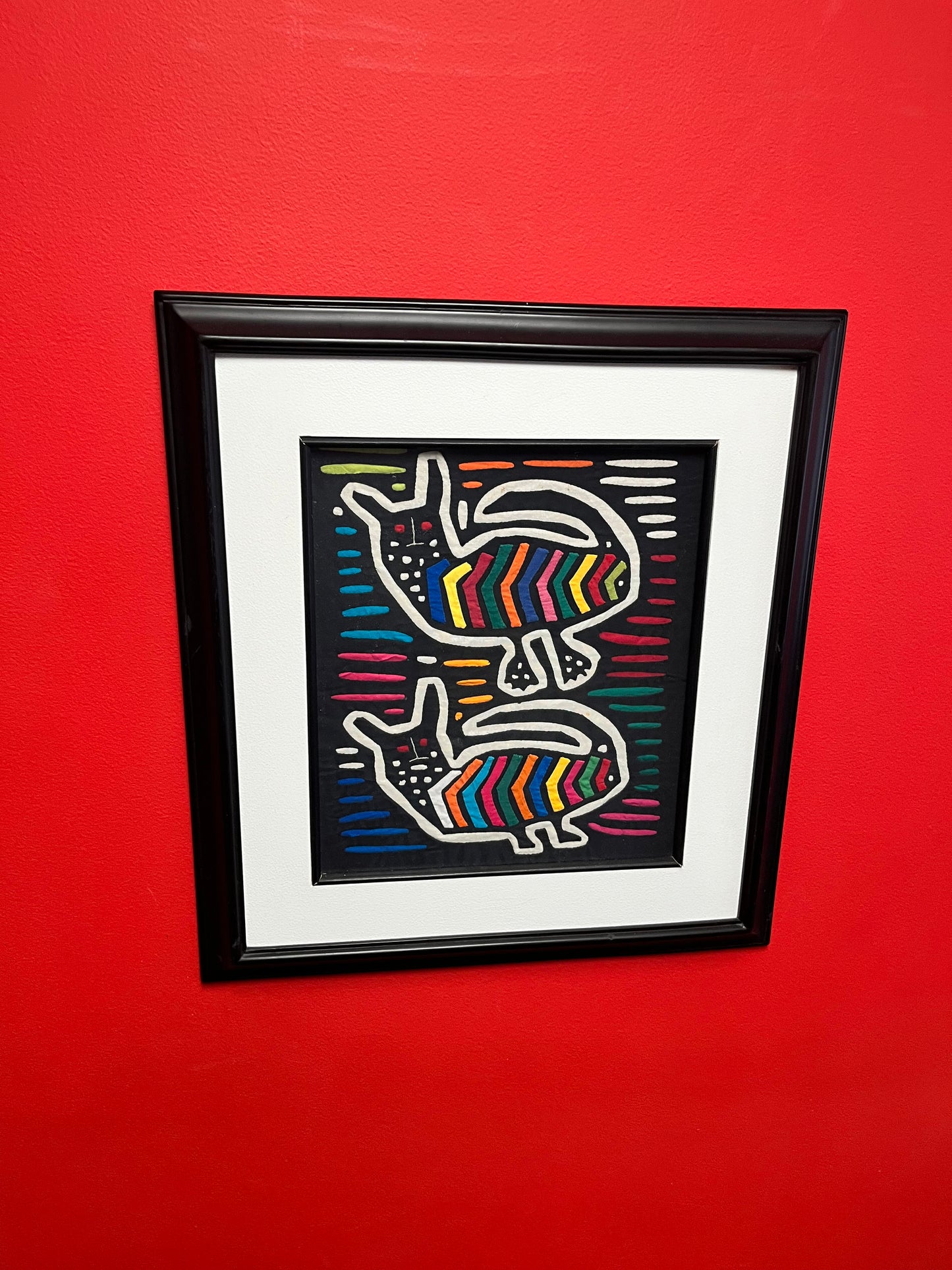 Fabulously framed South American 19 x 17 inch Mola  framed in Columbia  great colours  value priced