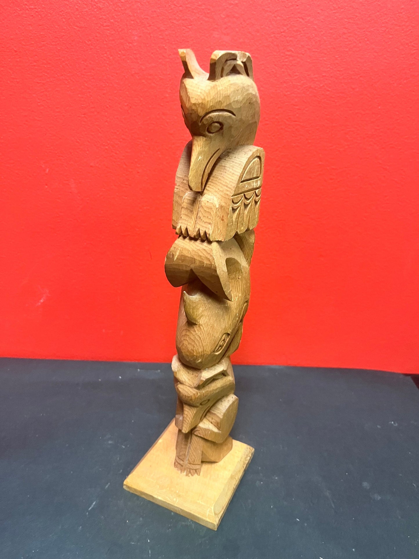 Fantastic 16 inch tall signed cedar indigenous first nations Pacific northwest coast totem pole   absolute beauty  chip on ear
