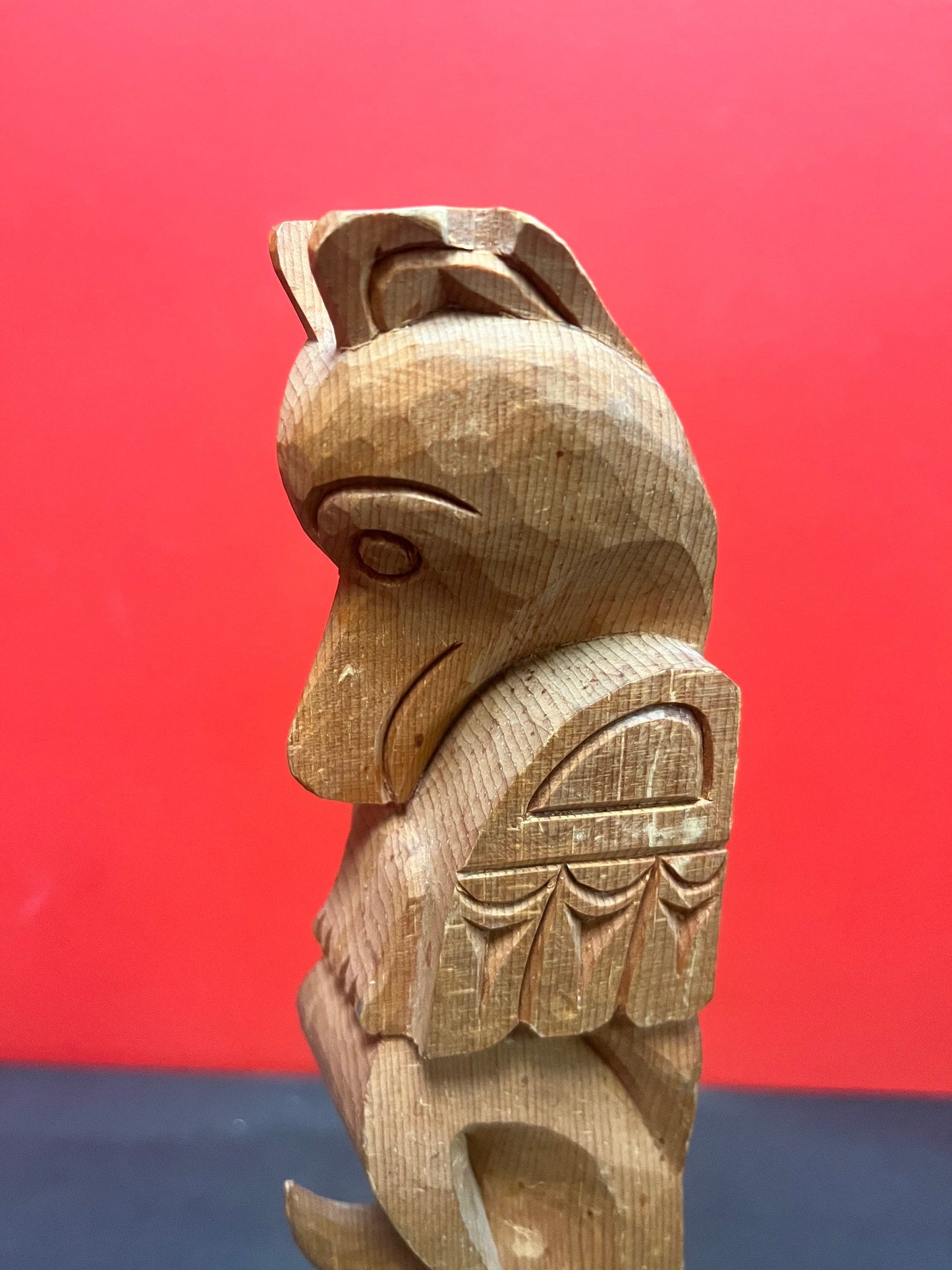Fantastic 16 inch tall signed cedar indigenous first nations Pacific northwest coast totem pole   absolute beauty  chip on ear