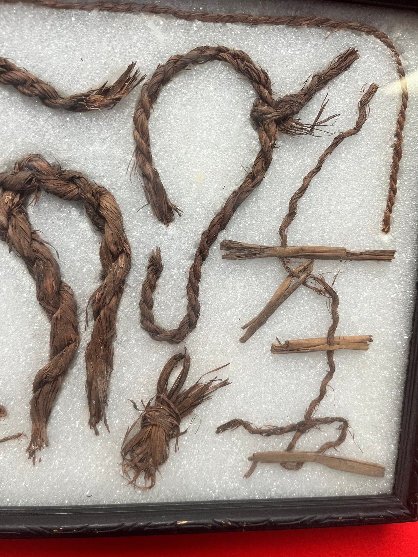 Amazing 13 x 10 x 2 thick  framed prehistoric Indian rope from Columbia River  1948  indigenous first nations treasure