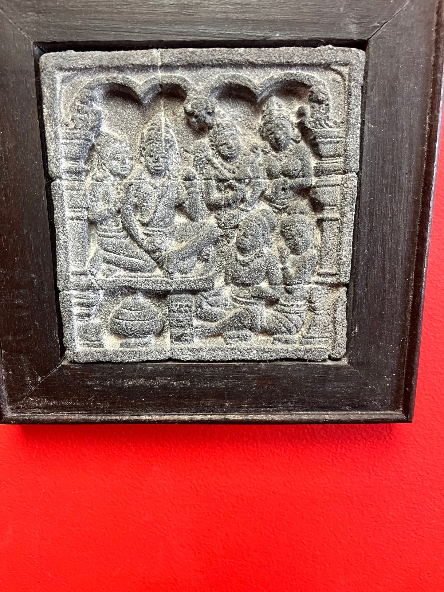 An  Antique 9 x 9 authentic relief plaque in framed plaque form BOROBODUR temple  great piece of Asian history  value priced