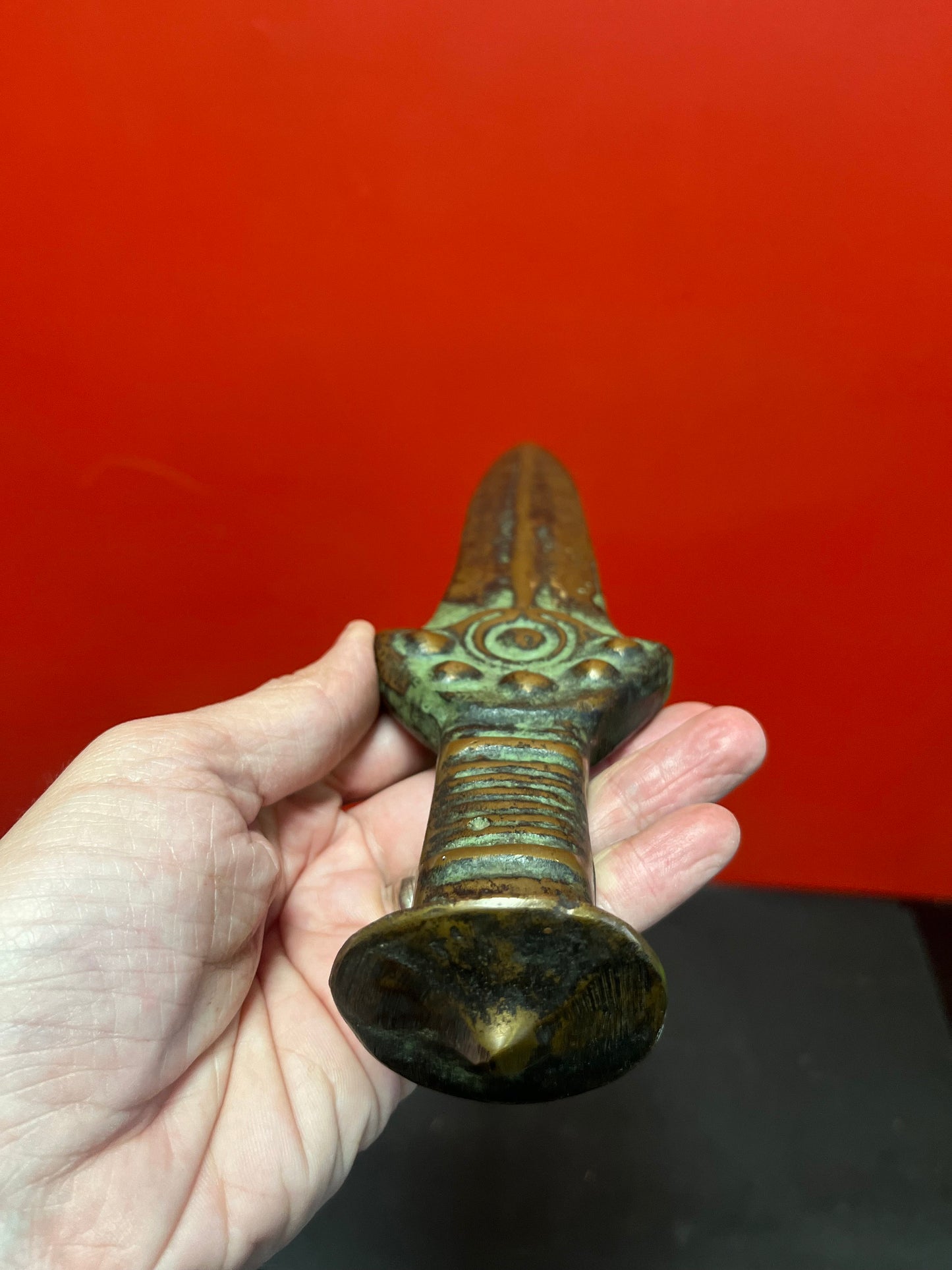 Stunning 11 inch antique heavy bronze dagger knife with great  patina country of origin unknown  really wonderful rare piece  wow
