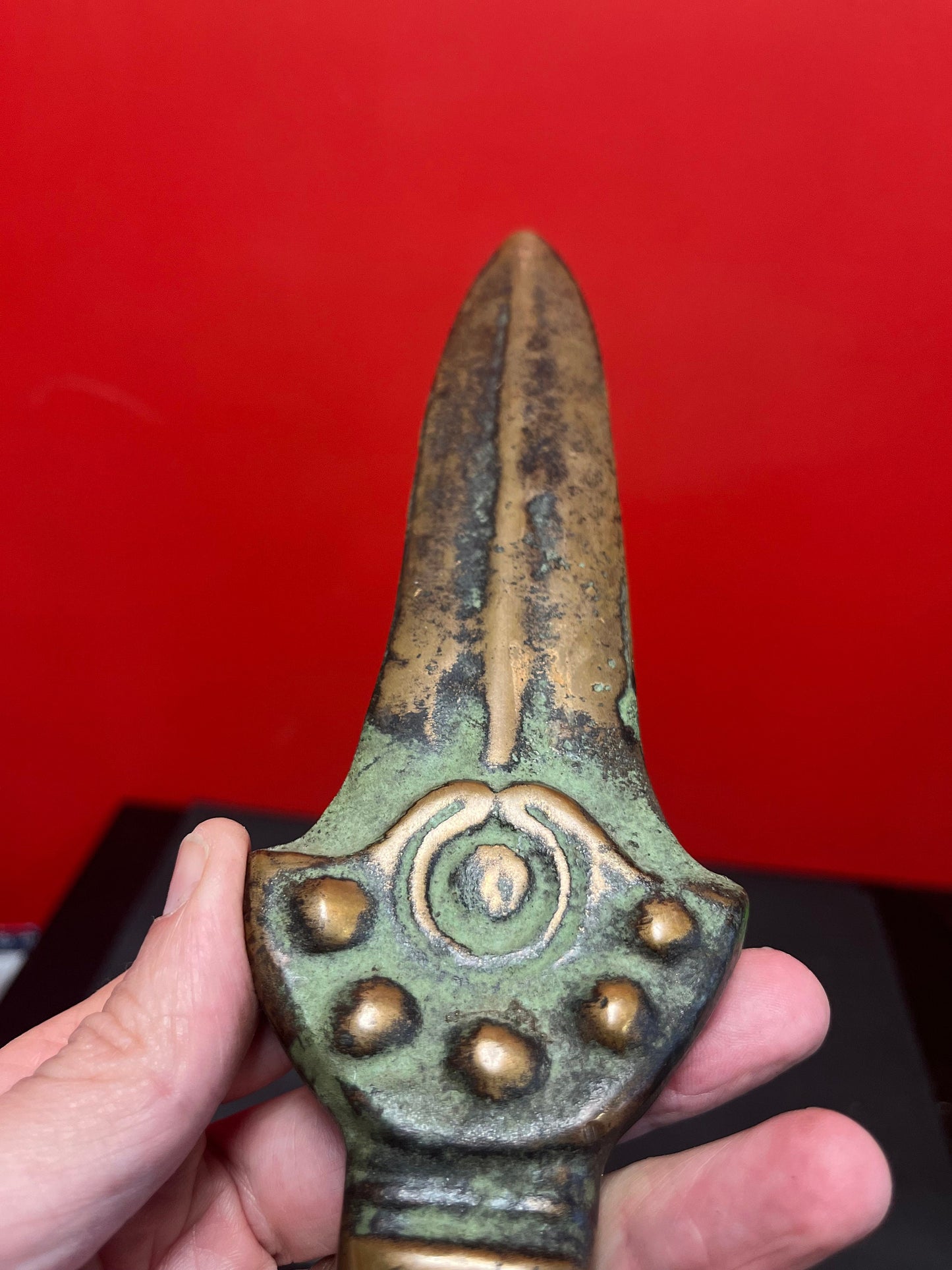 Stunning 11 inch antique heavy bronze dagger knife with great  patina country of origin unknown  really wonderful rare piece  wow