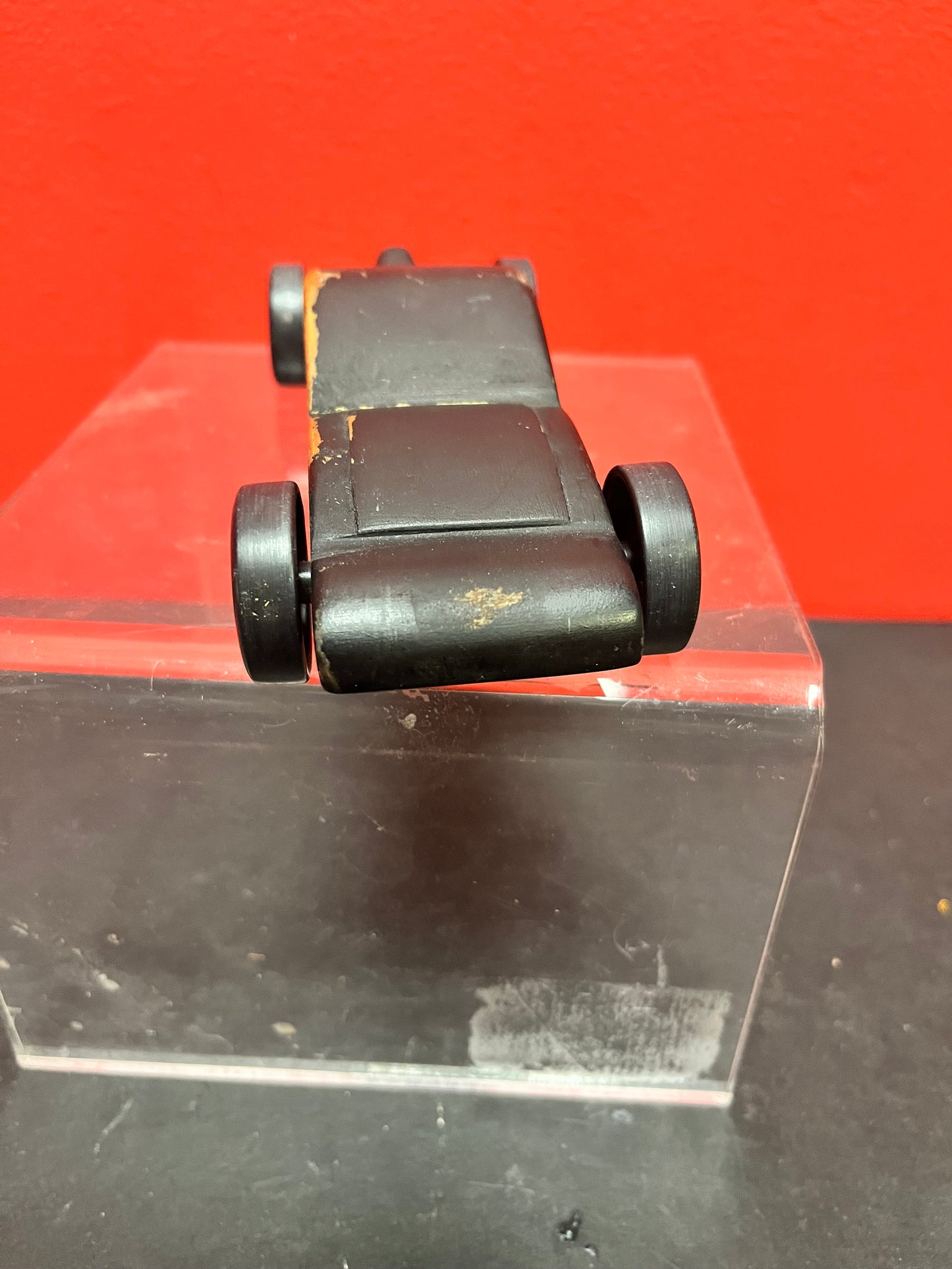 Cool little black wooden car  possibly prison made  7 inches long