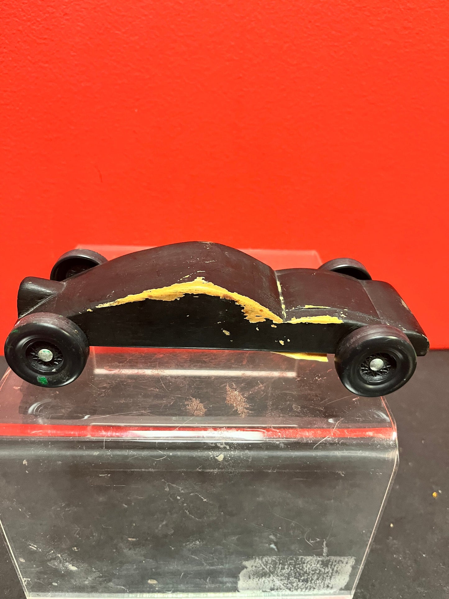 Cool little black wooden car  possibly prison made  7 inches long