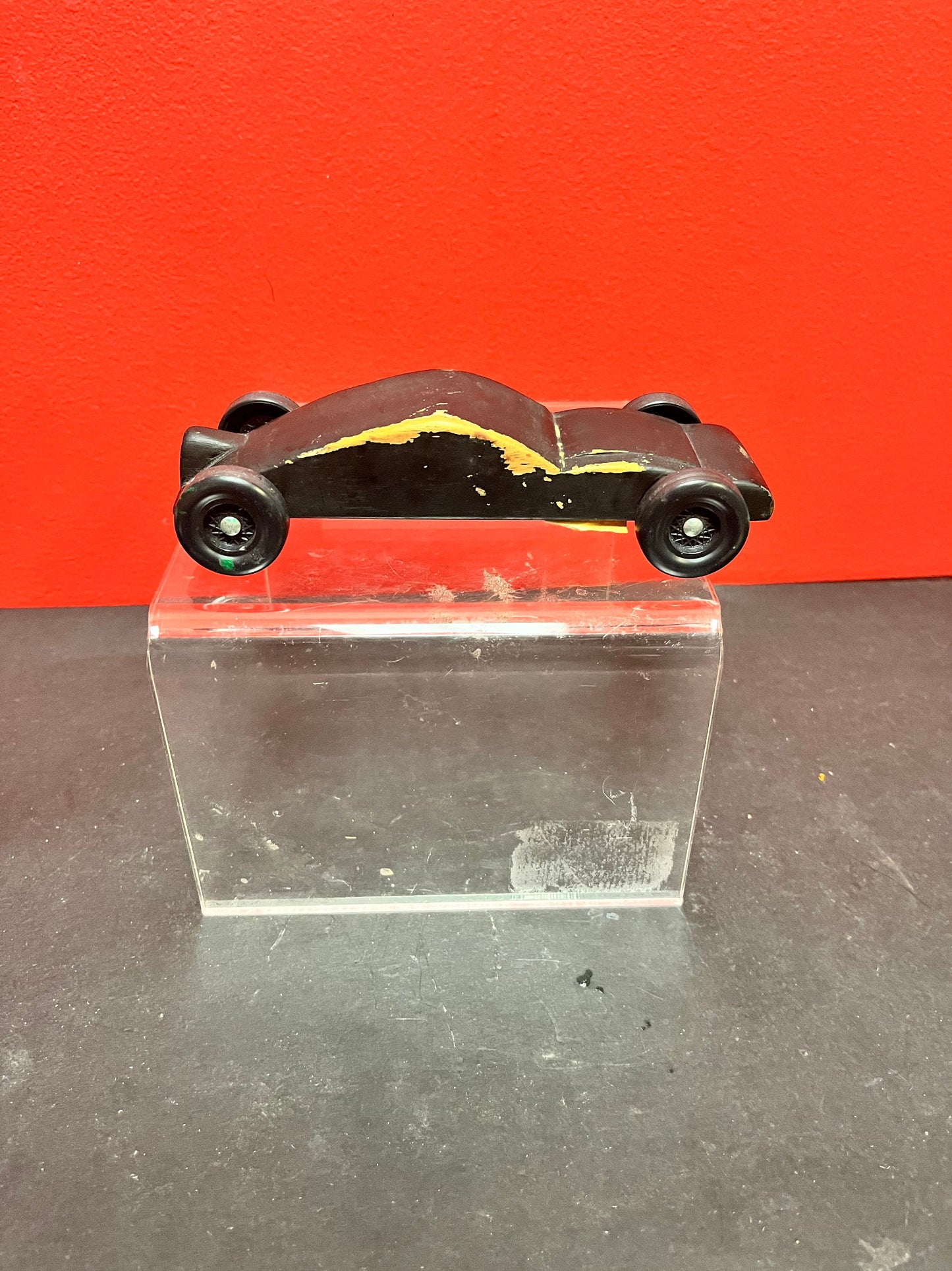Cool little black wooden car  possibly prison made  7 inches long