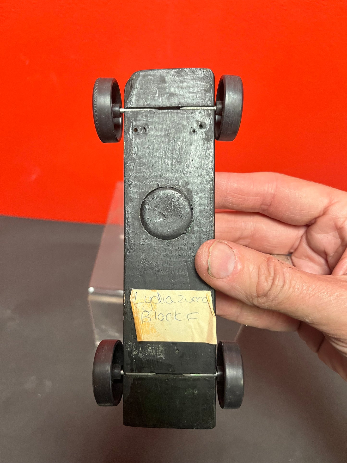 Cool little black wooden car  possibly prison made  7 inches long