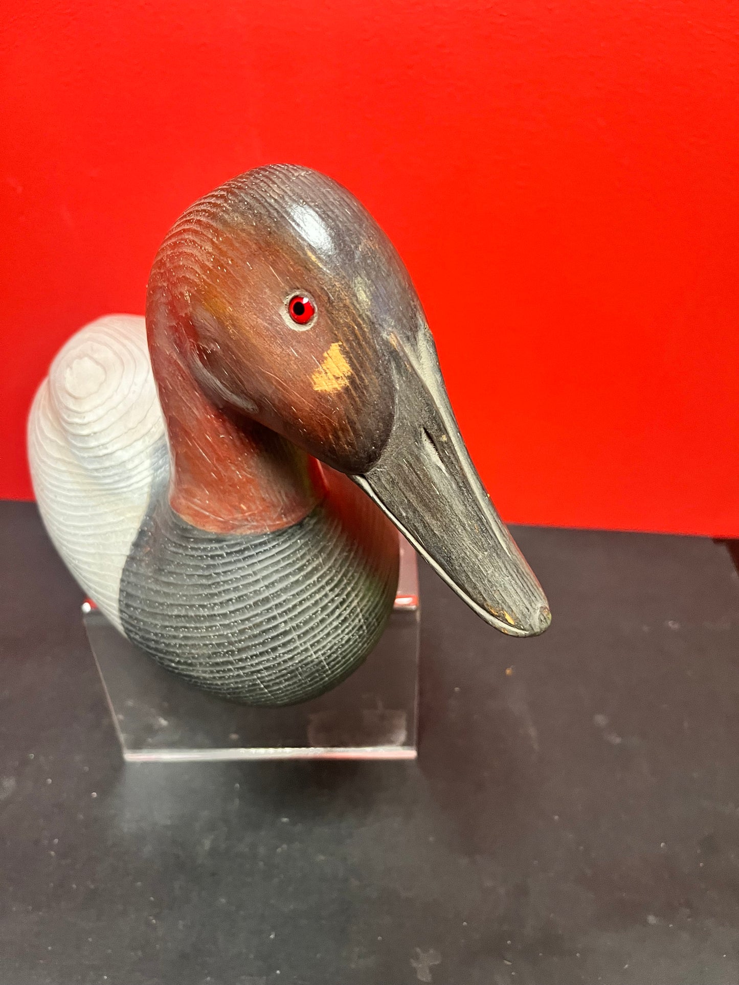 Lovely signed Canadian 16 x 8 high antique wooden duck  good condition and lovely patina  fabulous gift