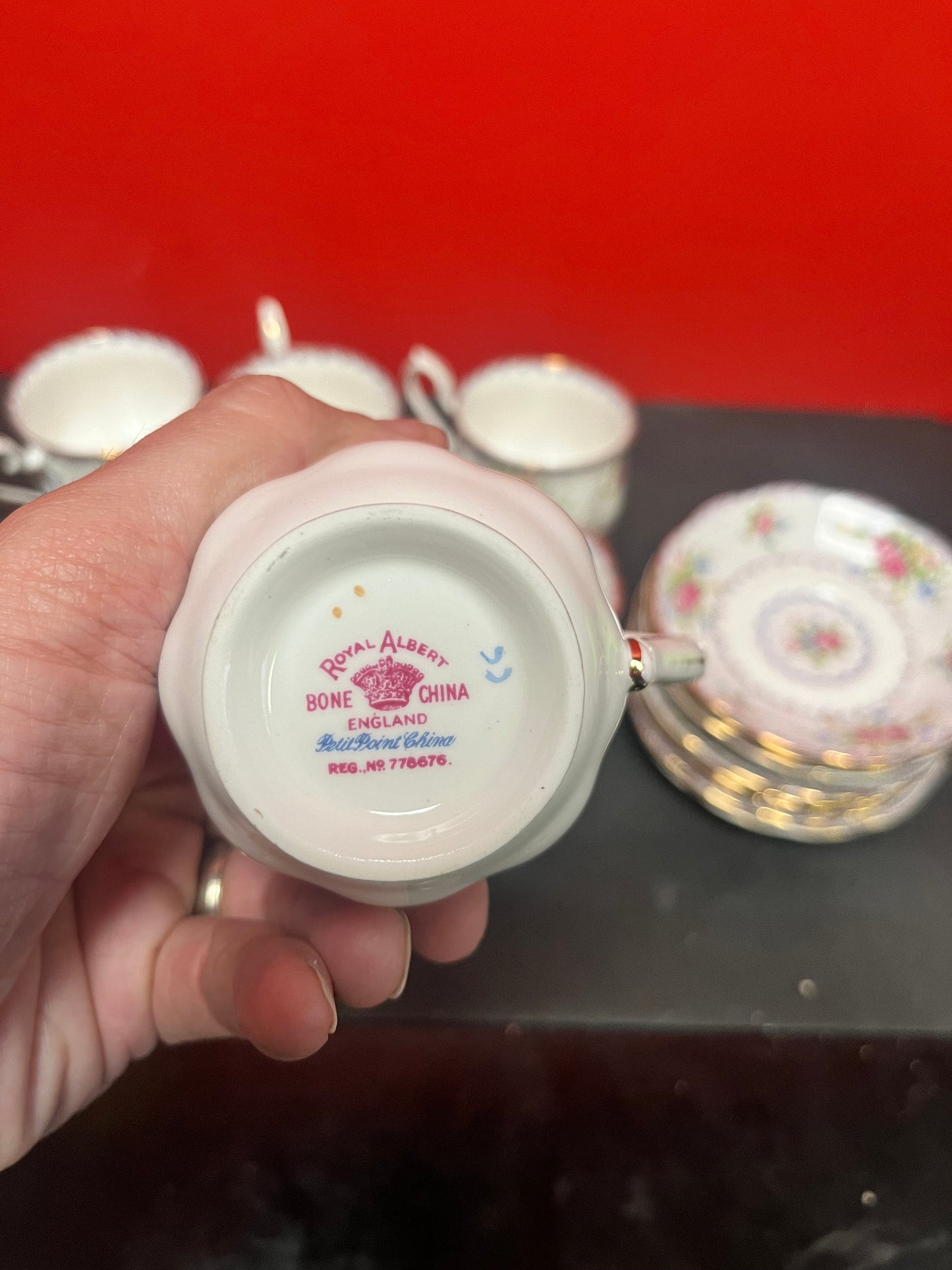 8 Royal Albert petit point China cup and saucers and a cream and sugar  perfect condition  good value  1 cup cracked