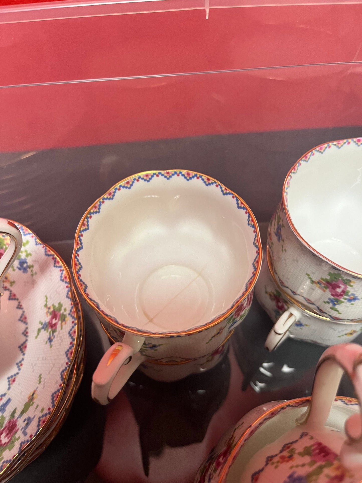 8 Royal Albert petit point China cup and saucers and a cream and sugar  perfect condition  good value  1 cup cracked