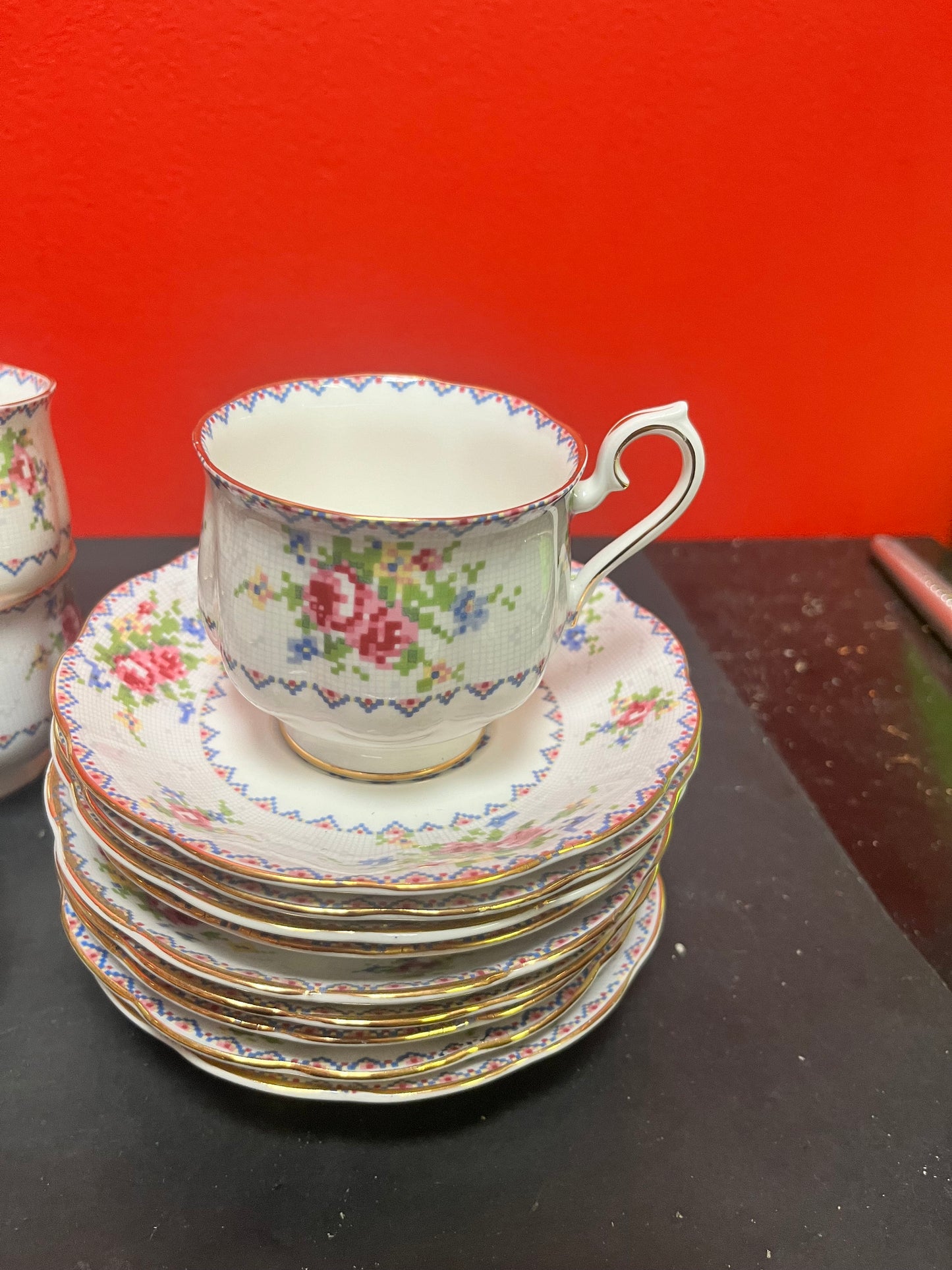 8 Royal Albert petit point China cup and saucers and a cream and sugar  perfect condition  good value  1 cup cracked