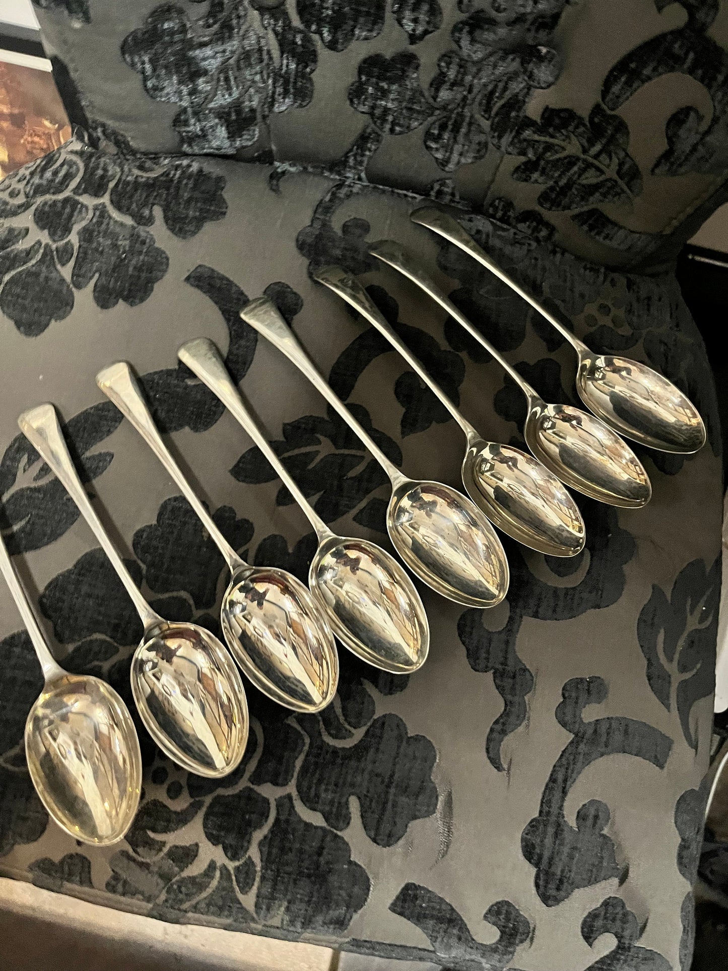 Set 8 English Antique silver plated spoons8  a half inches long each  Good condition and ready to use