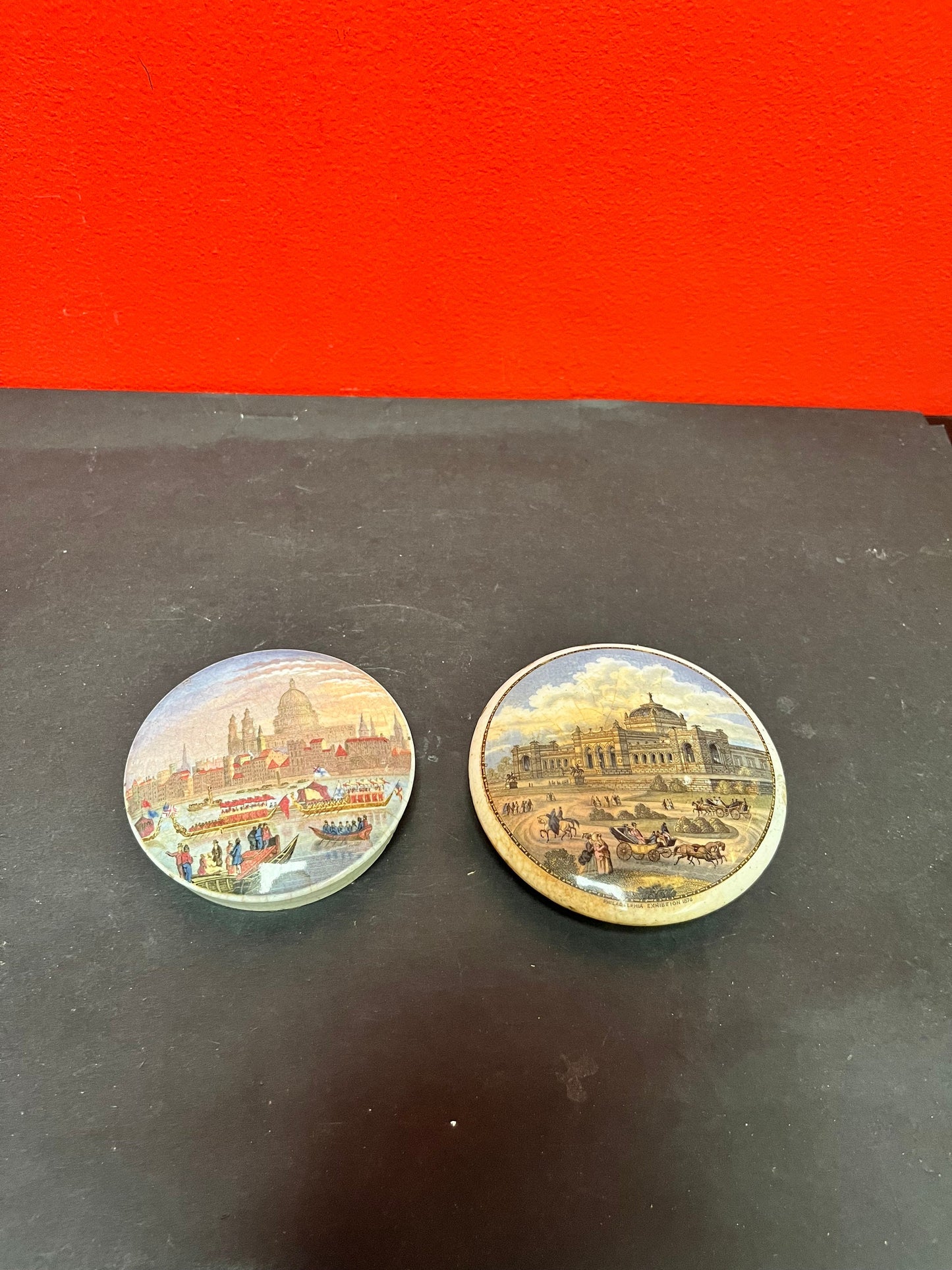 2 19th century 4 and 41/2 inch English pot lids  in antique condition see photos  great value