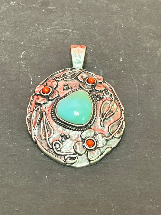 silver and turquoise Navajo pendant   3 inches long