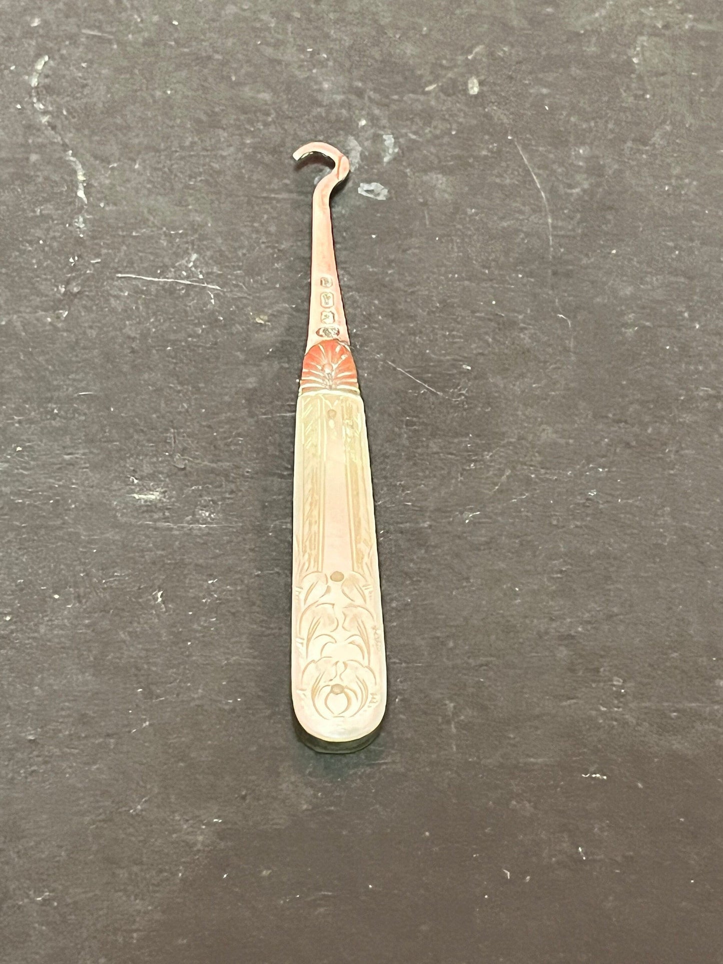 3 inch English sterling and mother of pearl button hook  wonderful condition
