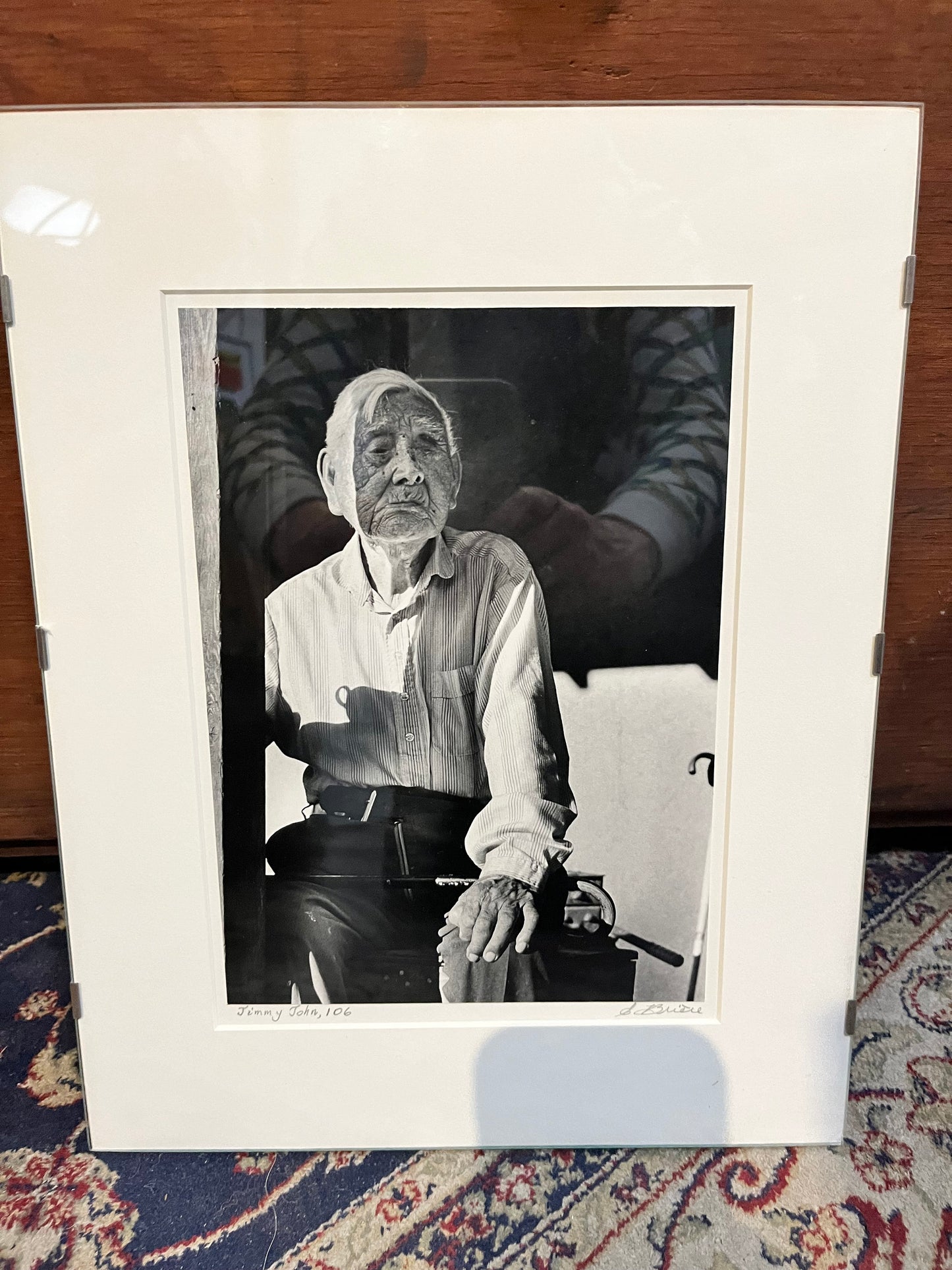 14 x 11  inch black-and-white photo of famous Canadian indigenous artist Jimmy John — signed by photographer— cool imagery — ready to hang
