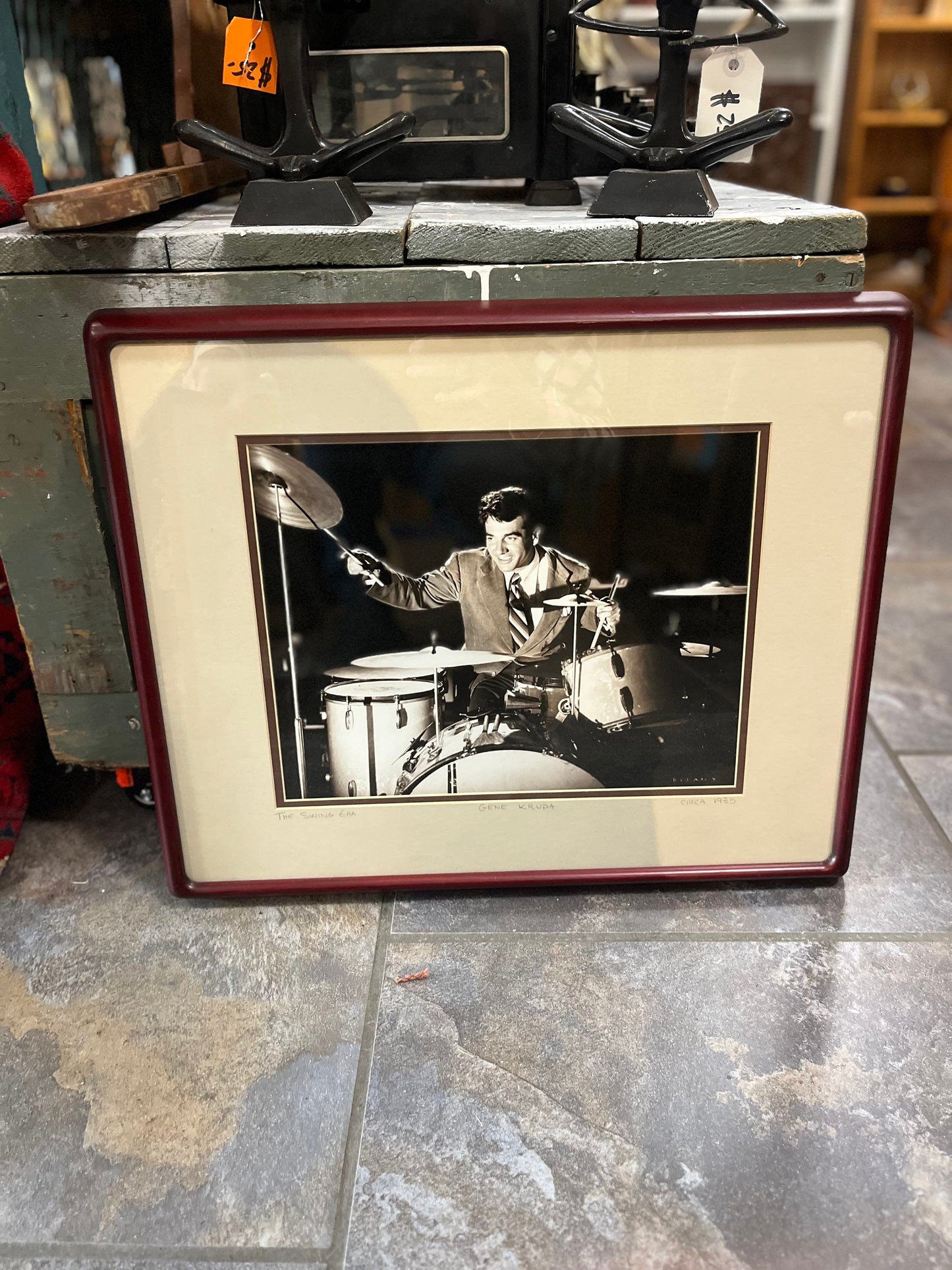 21 x 17 inch 1935 Gene Krupa photo in great wooden frame  wonderful jazz imagery  great gift  with authenticity info on back