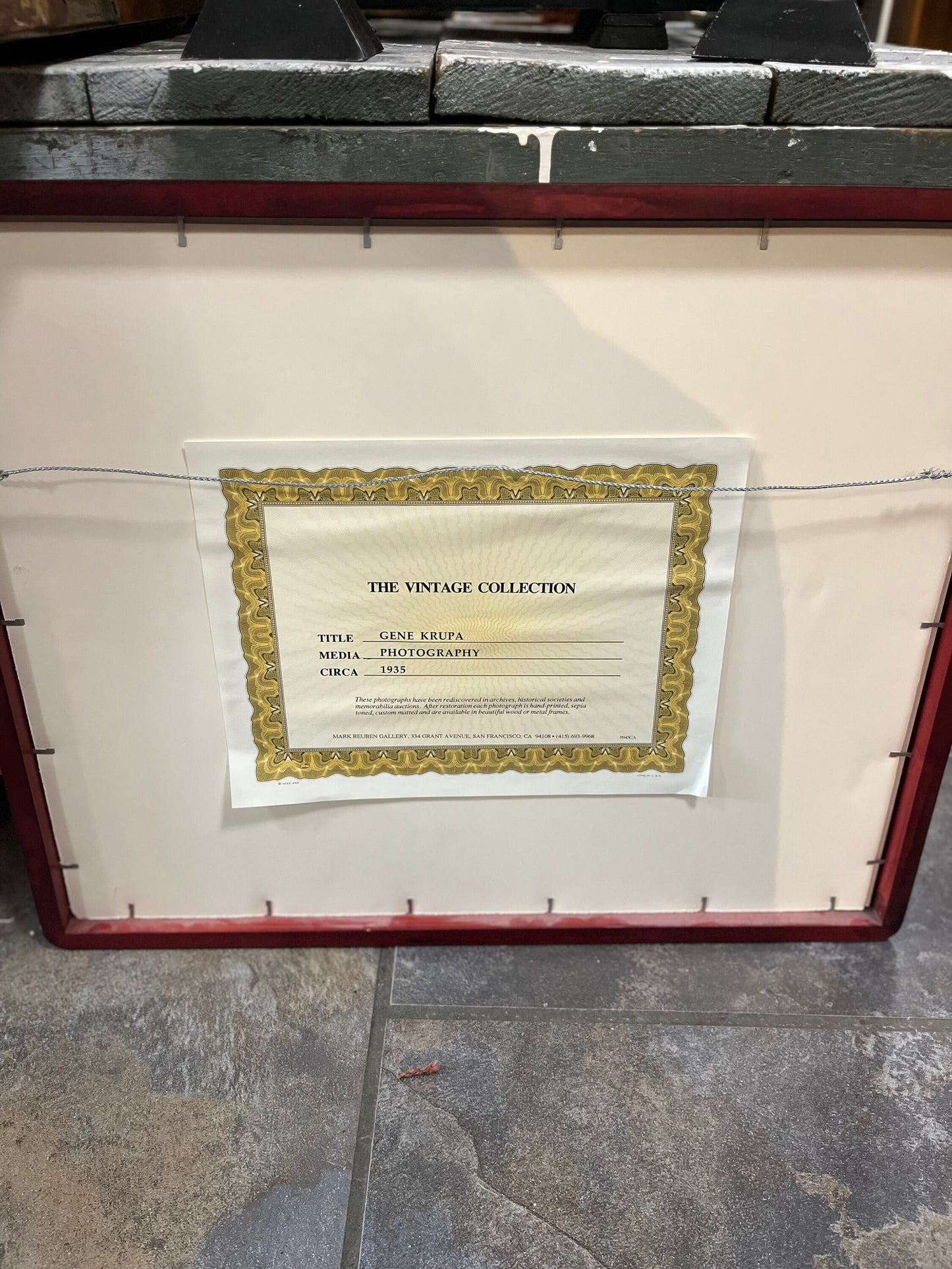 21 x 17 inch 1935 Gene Krupa photo in great wooden frame  wonderful jazz imagery  great gift  with authenticity info on back