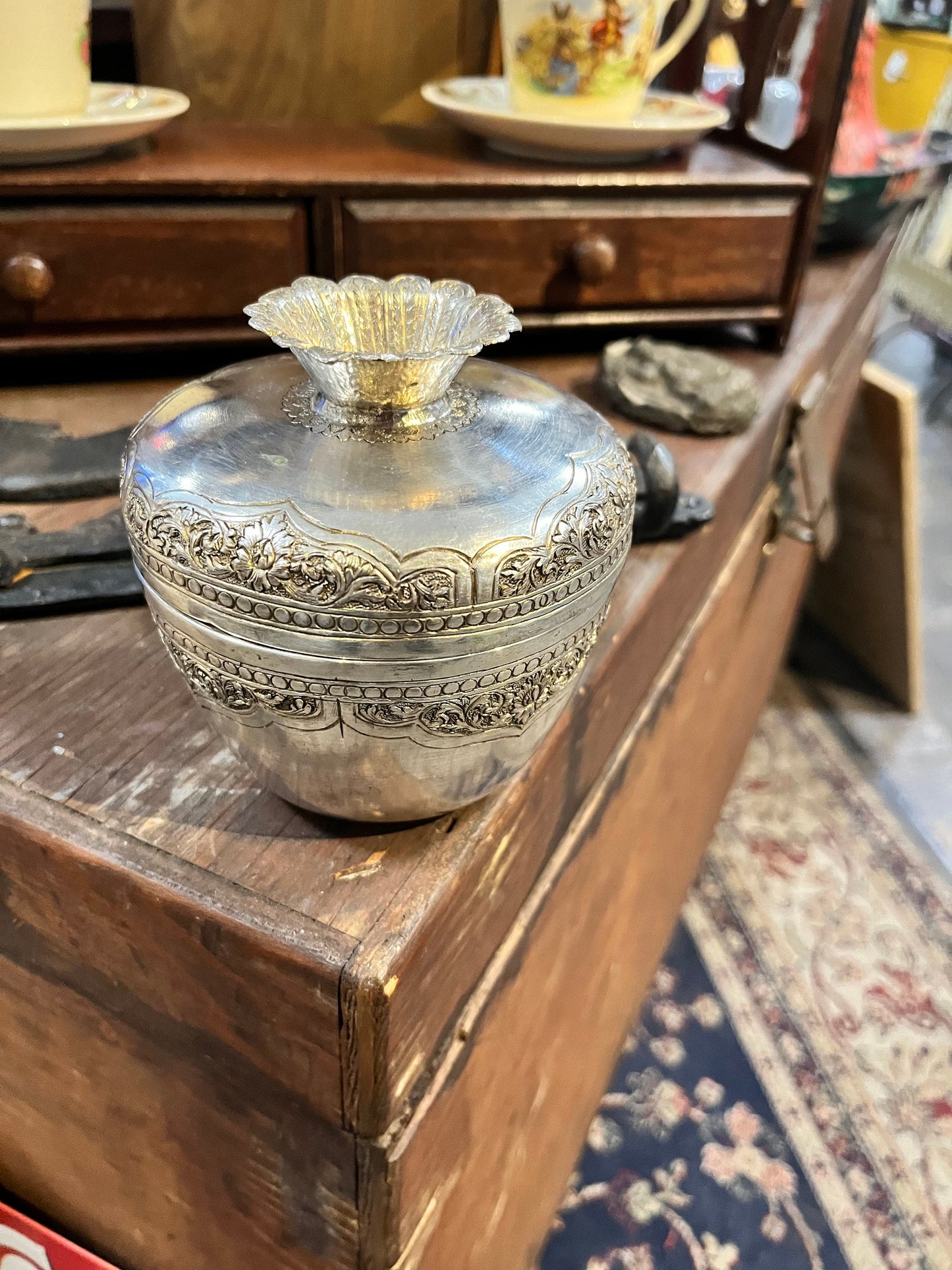 Lovely 5 inch tall untested silver raj lidded  pot  wonderful decoration  great value