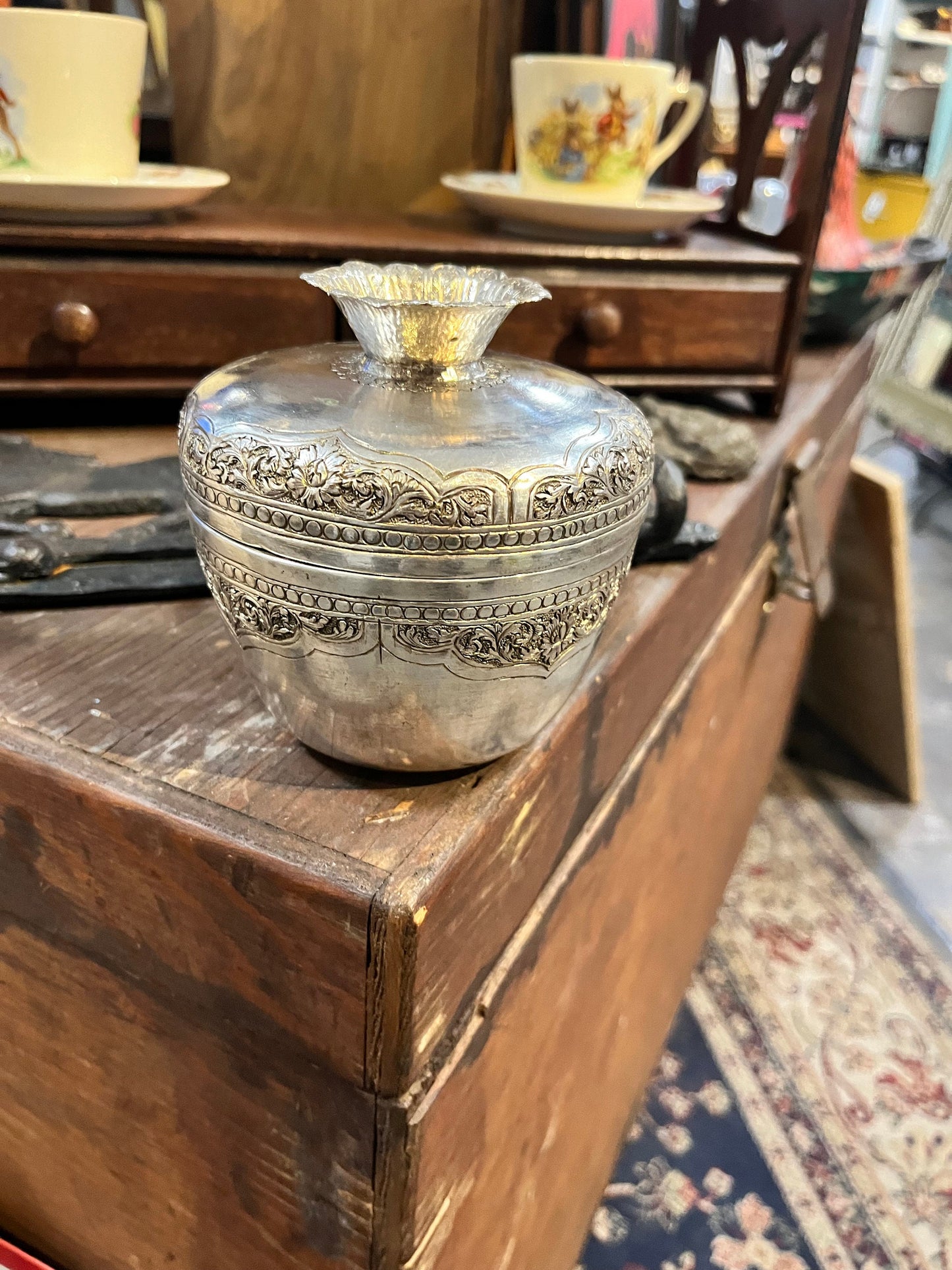Lovely 5 inch tall untested silver raj lidded  pot  wonderful decoration  great value