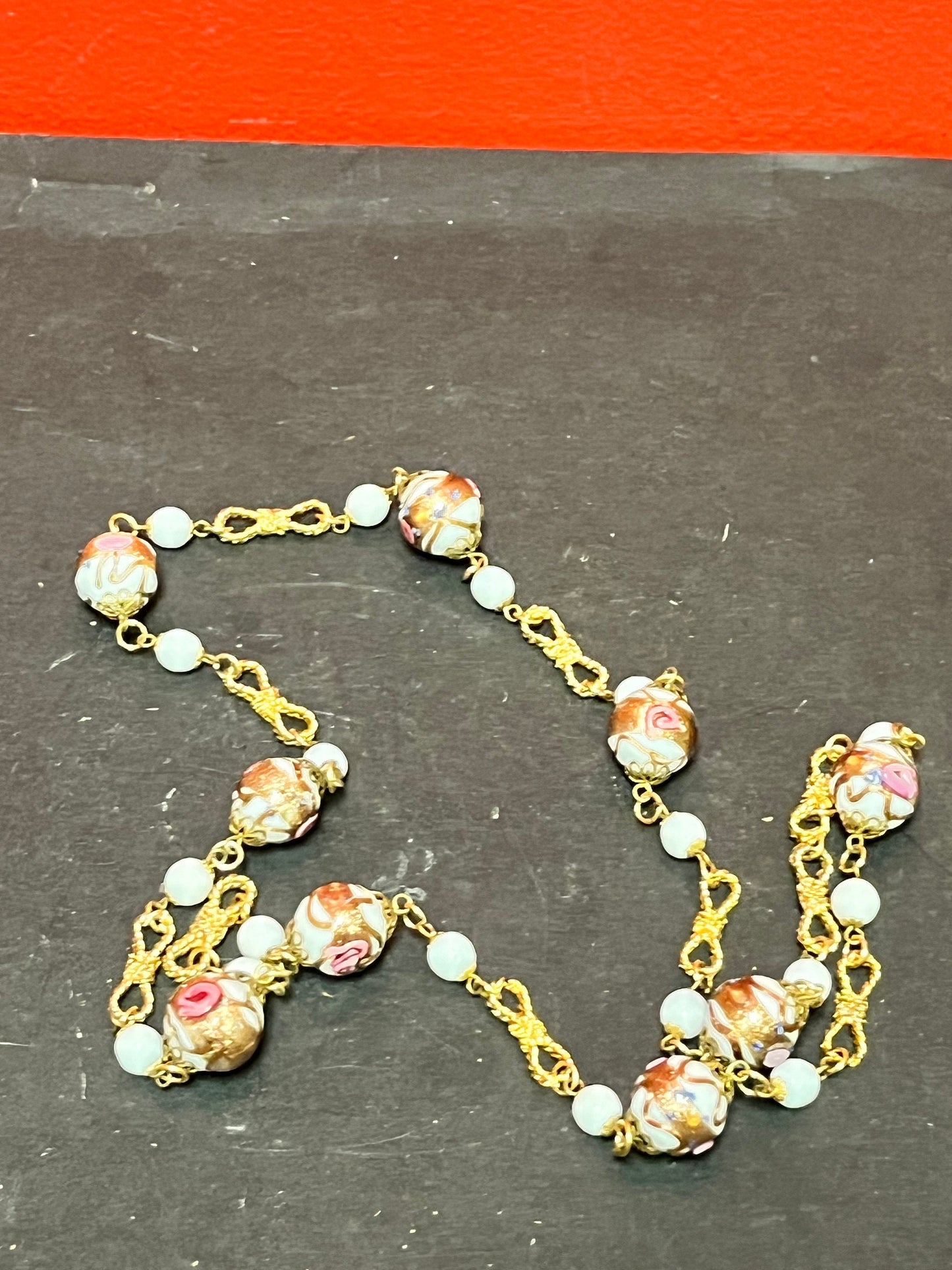 An  Approximate 30 inch long, Chinese gilt, porcelain and enamel necklace  nice quality and unusual look  great gift