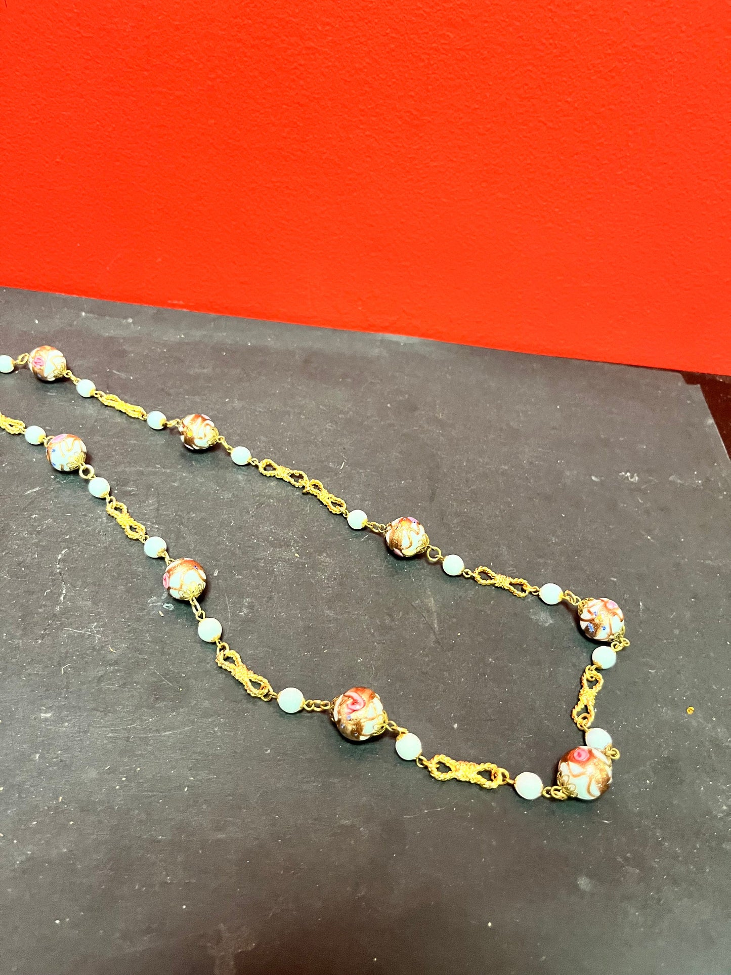 An  Approximate 30 inch long, Chinese gilt, porcelain and enamel necklace  nice quality and unusual look  great gift