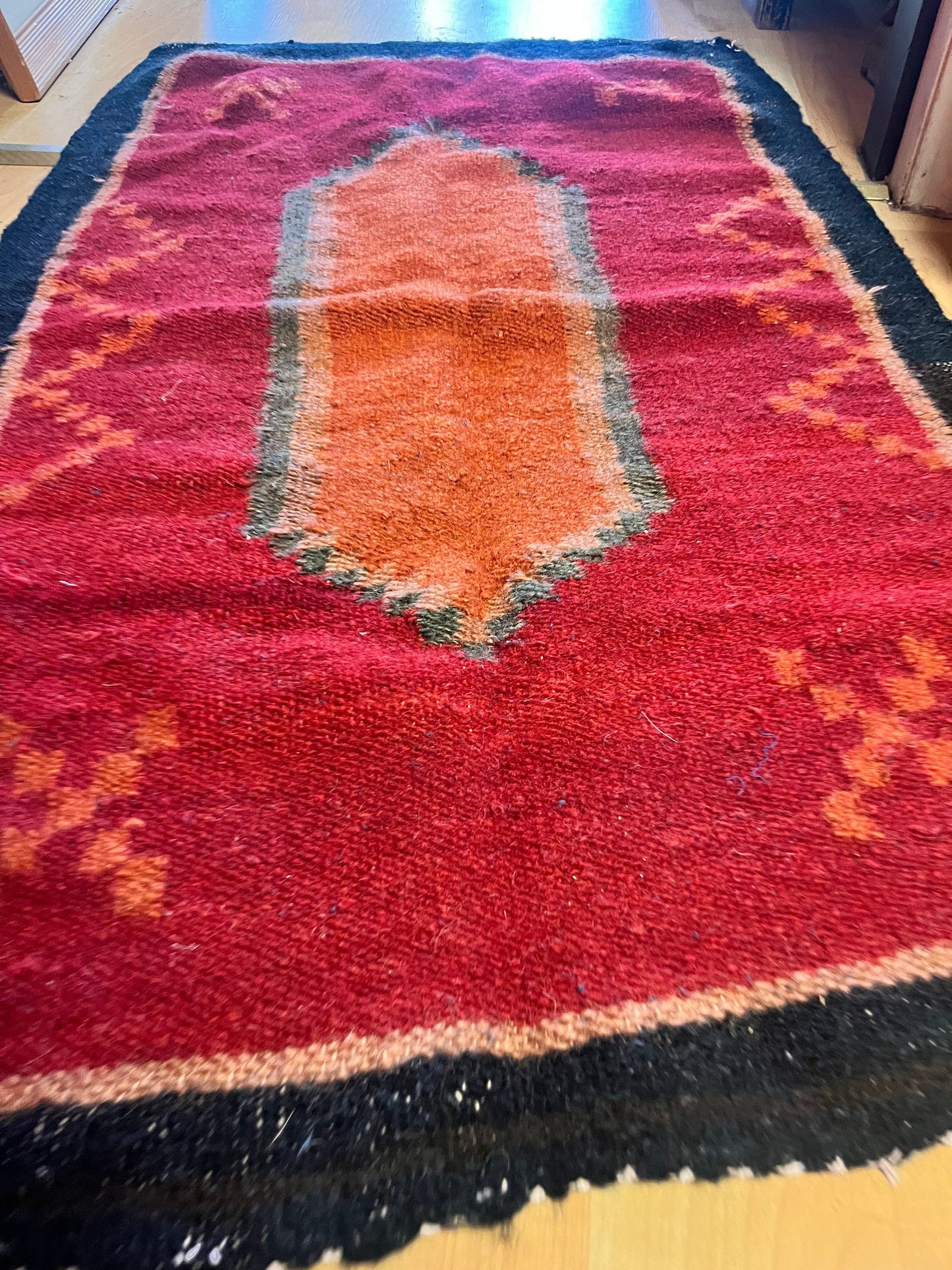 43 x 27 inch tribal wool carpet rug  intense colors, and in antique condition  really fabulous  see photos