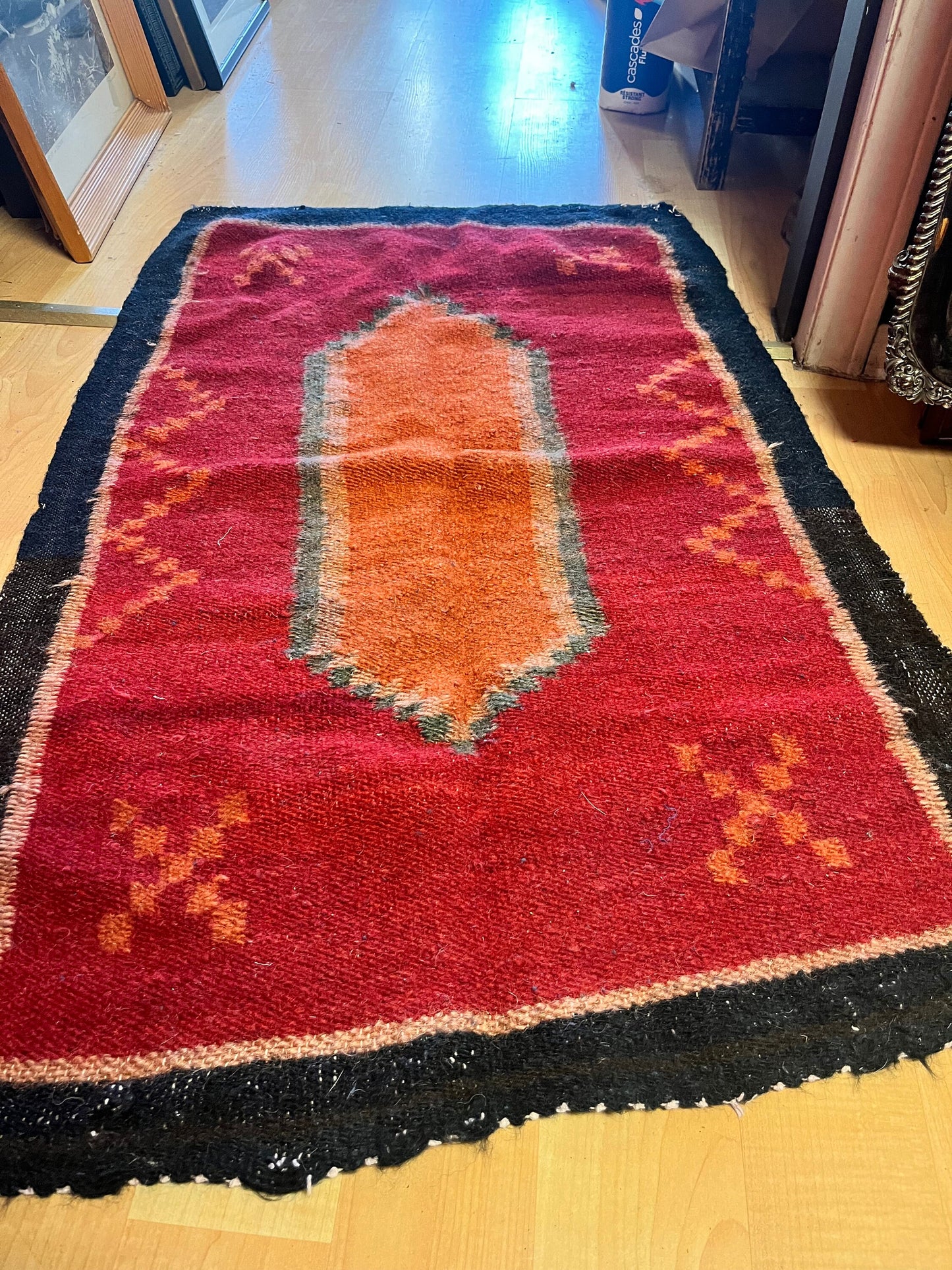 43 x 27 inch tribal wool carpet rug  intense colors, and in antique condition  really fabulous  see photos