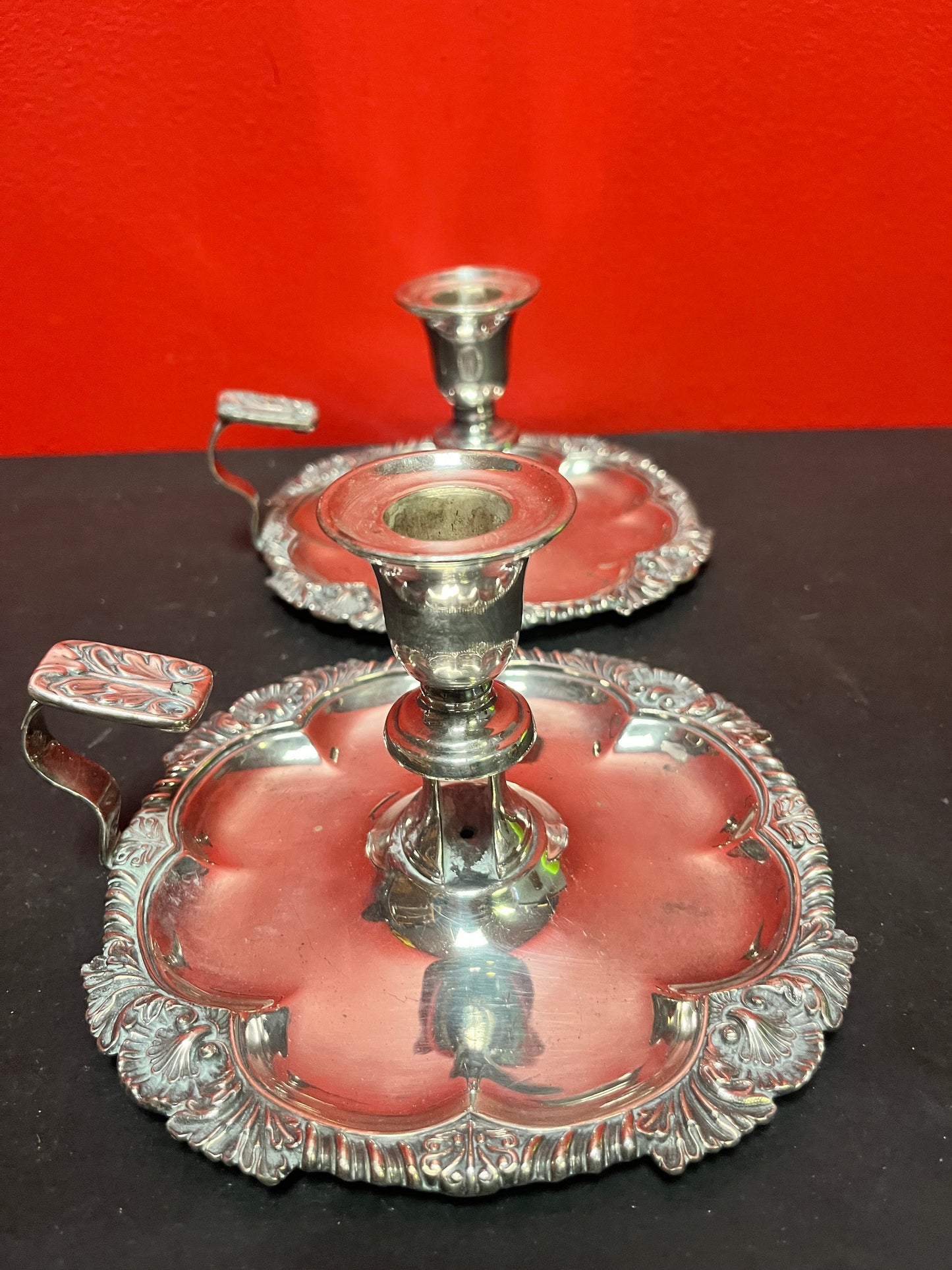 Lovely English silver plated pair of 6 x 5.5 high  chamber candle sticks  exceptional quality, and good condition