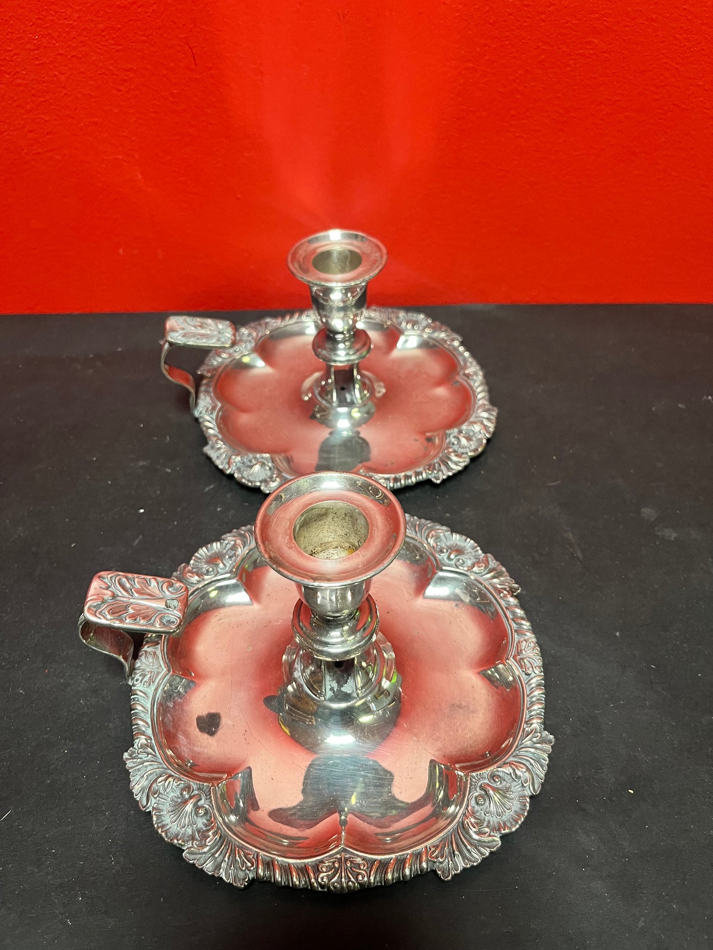 Lovely English silver plated pair of 6 x 5.5 high  chamber candle sticks  exceptional quality, and good condition