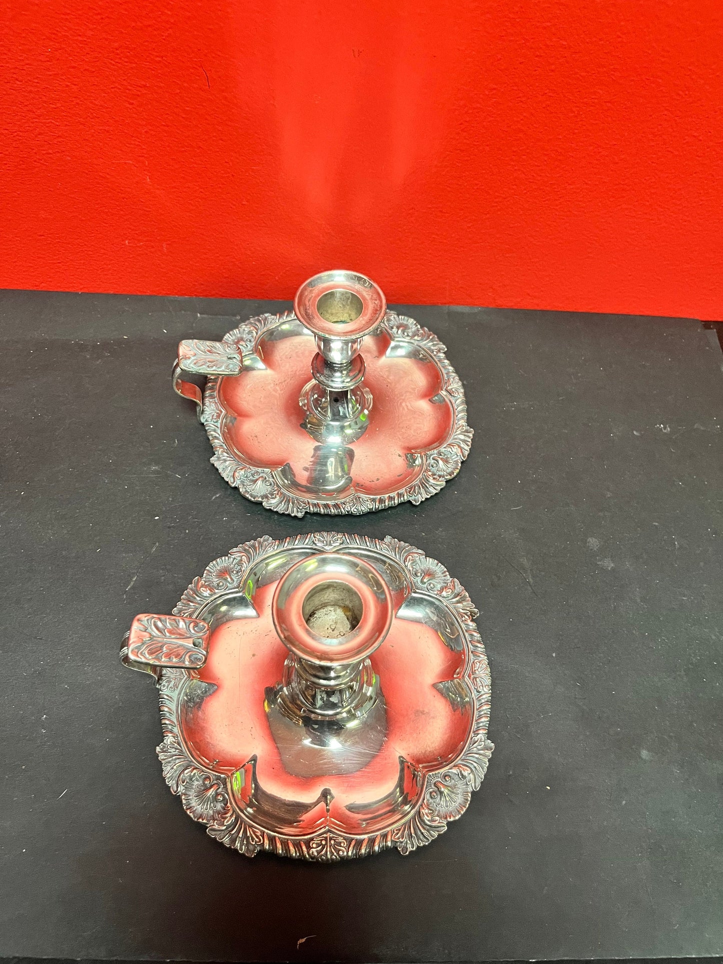 Lovely English silver plated pair of 6 x 5.5 high  chamber candle sticks  exceptional quality, and good condition