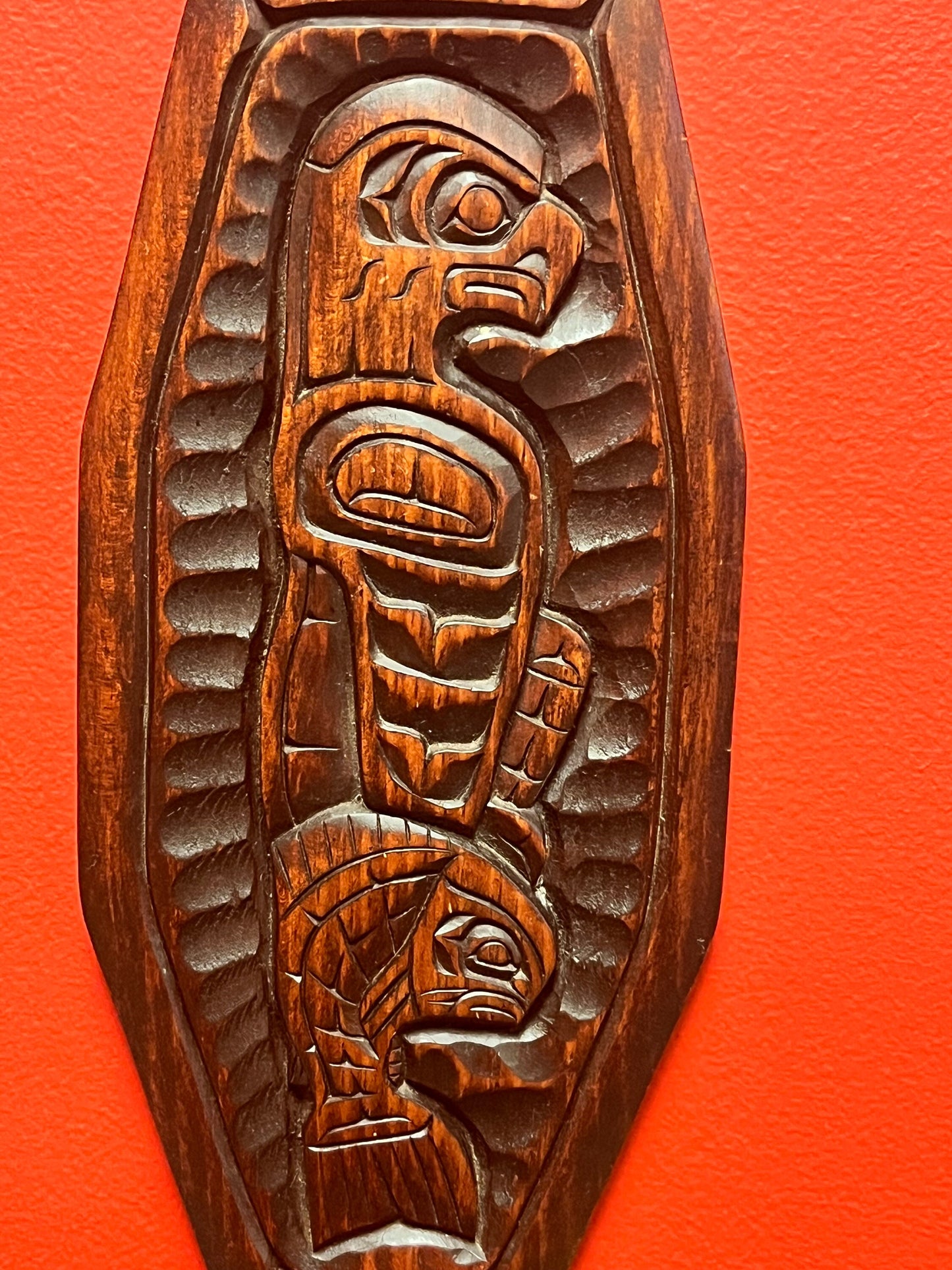 A  Beautiful 28 inch long stained cedar indigenous first nations Pacific northwest Coast transformation paddle plaque  - wow