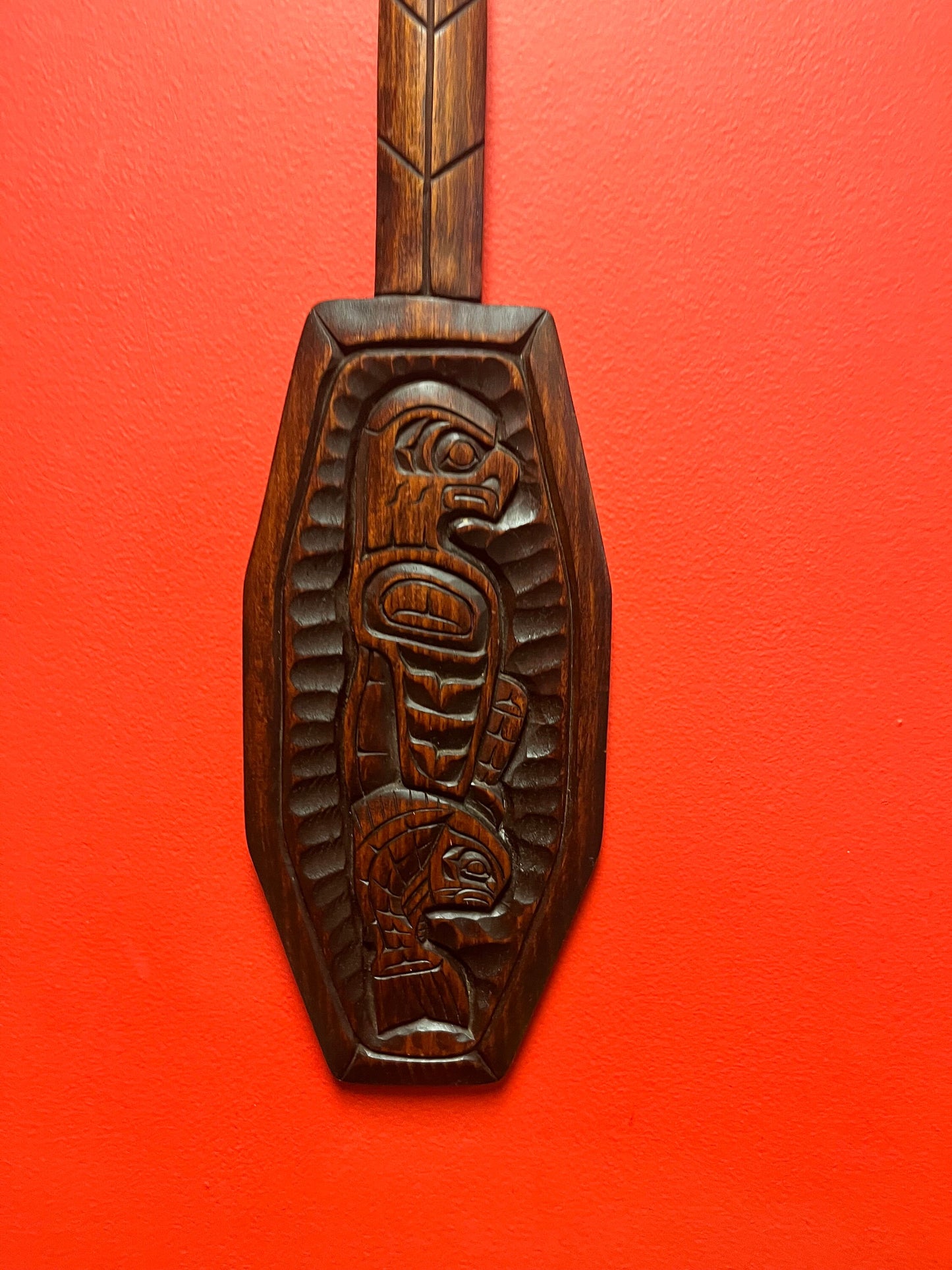 A  Beautiful 28 inch long stained cedar indigenous first nations Pacific northwest Coast transformation paddle plaque  - wow