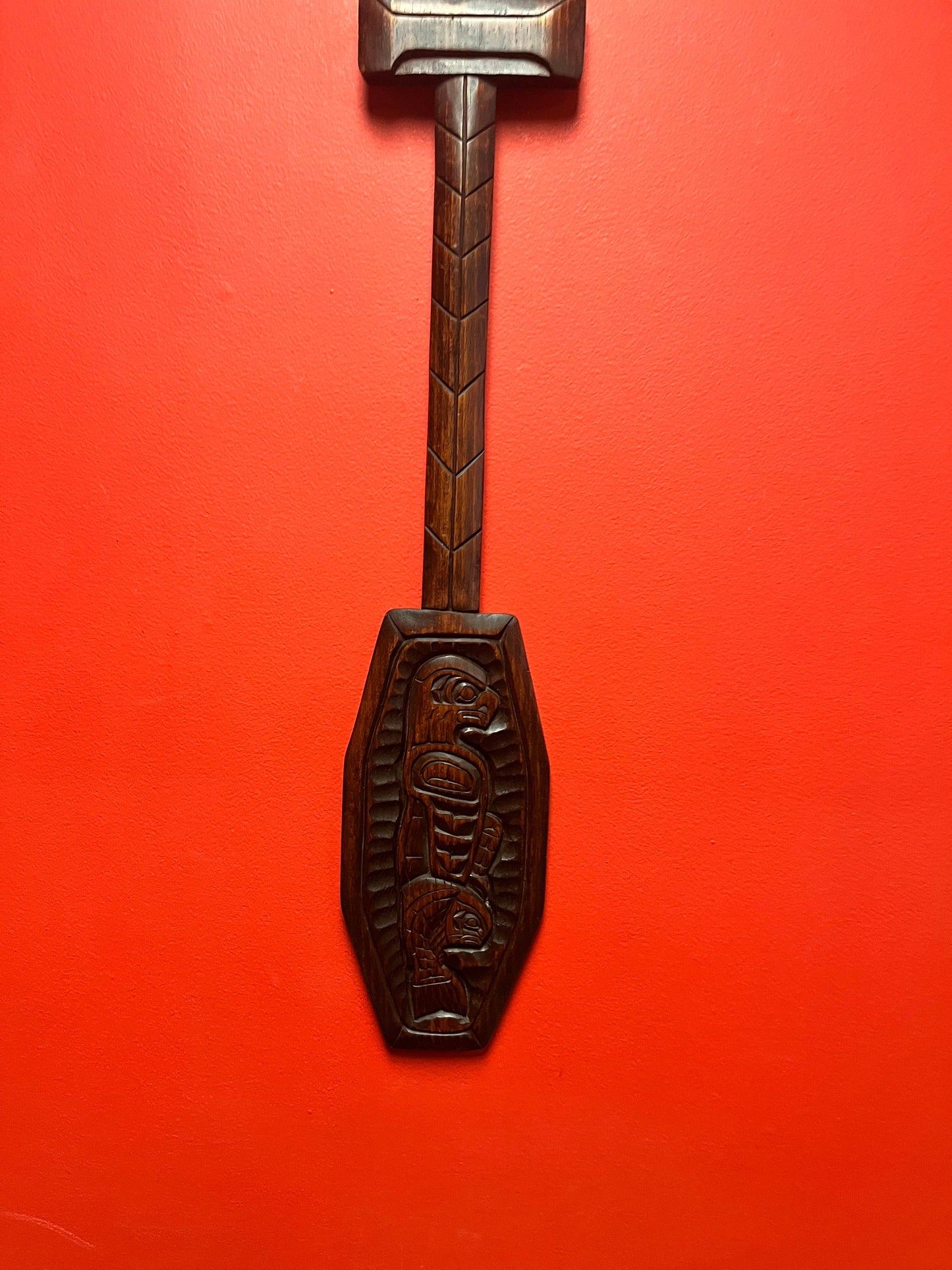 A  Beautiful 28 inch long stained cedar indigenous first nations Pacific northwest Coast transformation paddle plaque  - wow