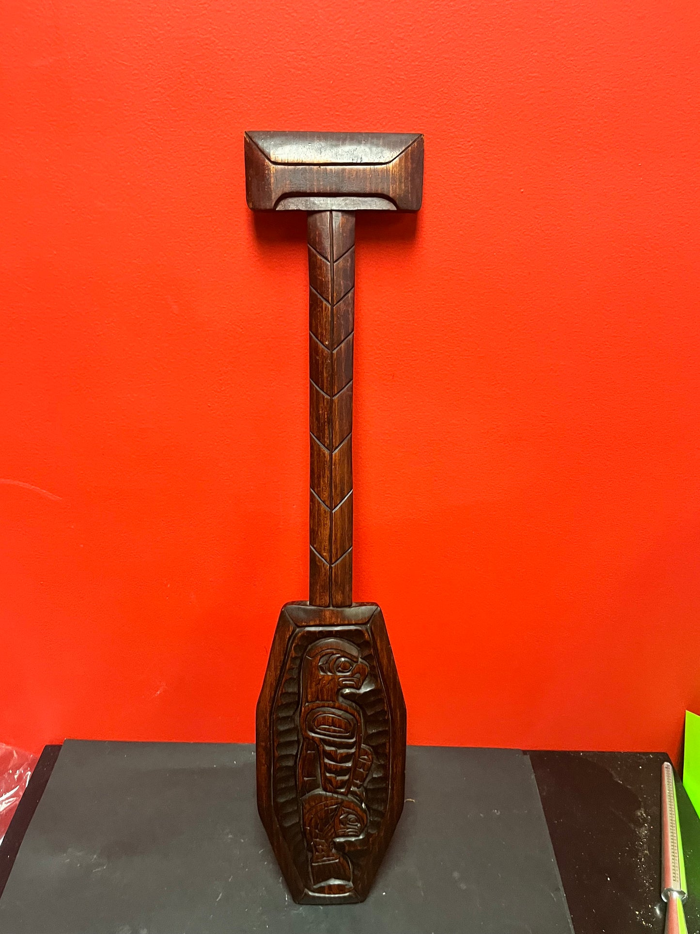 A  Beautiful 28 inch long stained cedar indigenous first nations Pacific northwest Coast transformation paddle plaque  - wow