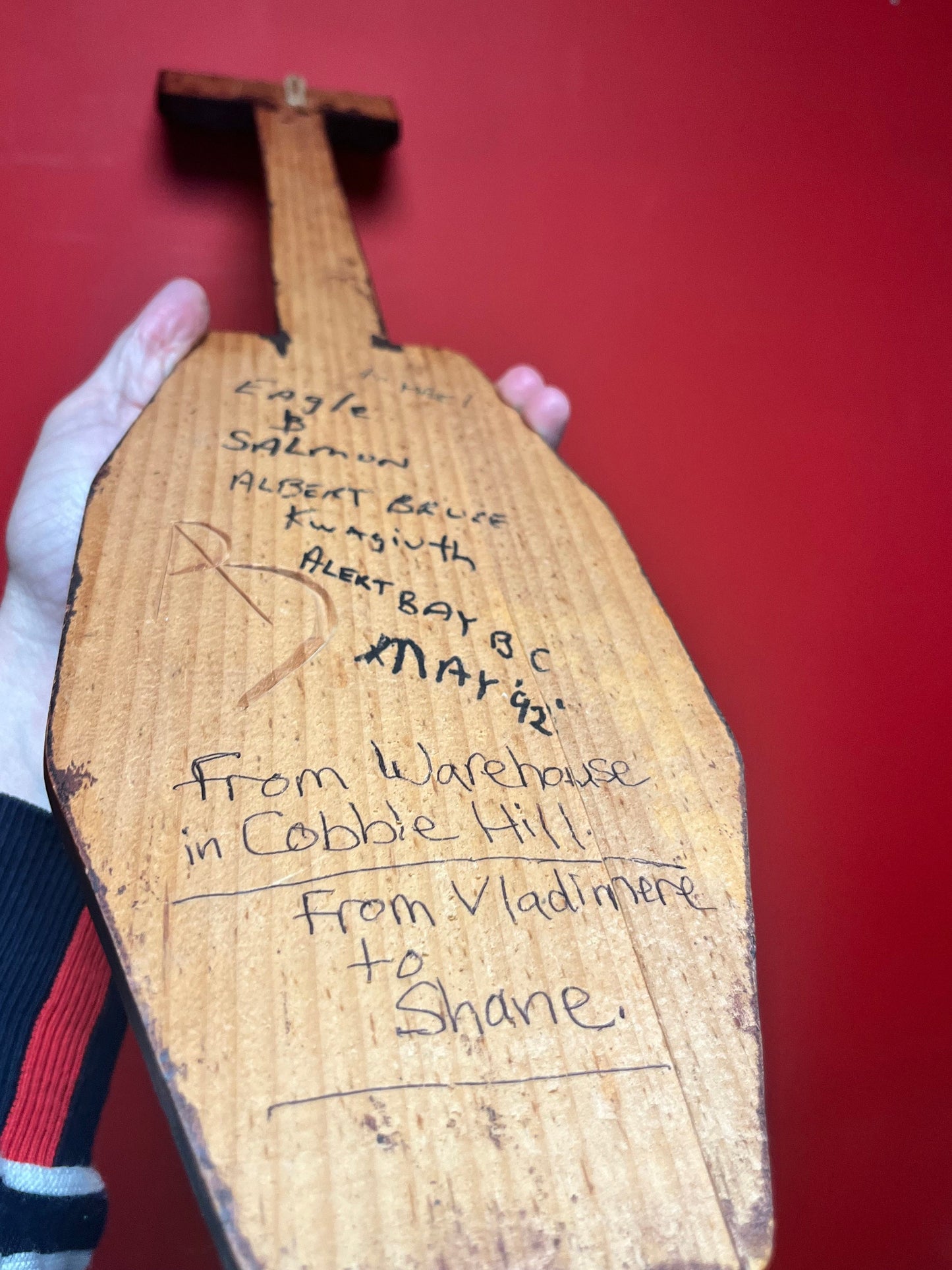 A  Beautiful 28 inch long stained cedar indigenous first nations Pacific northwest Coast transformation paddle plaque  - wow