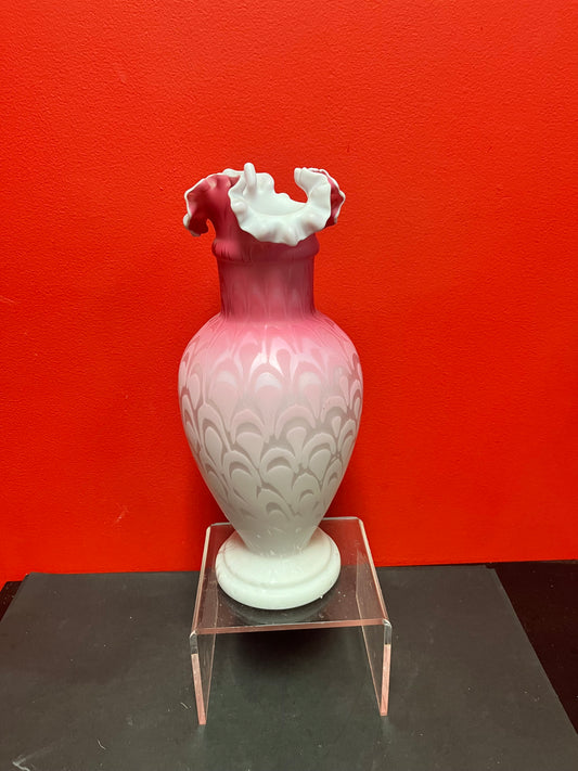 Magnificent 14 inch tall English antique Victorian satin glass ruffled vase  Mint condition  Wonderful example  Victorian satin glass