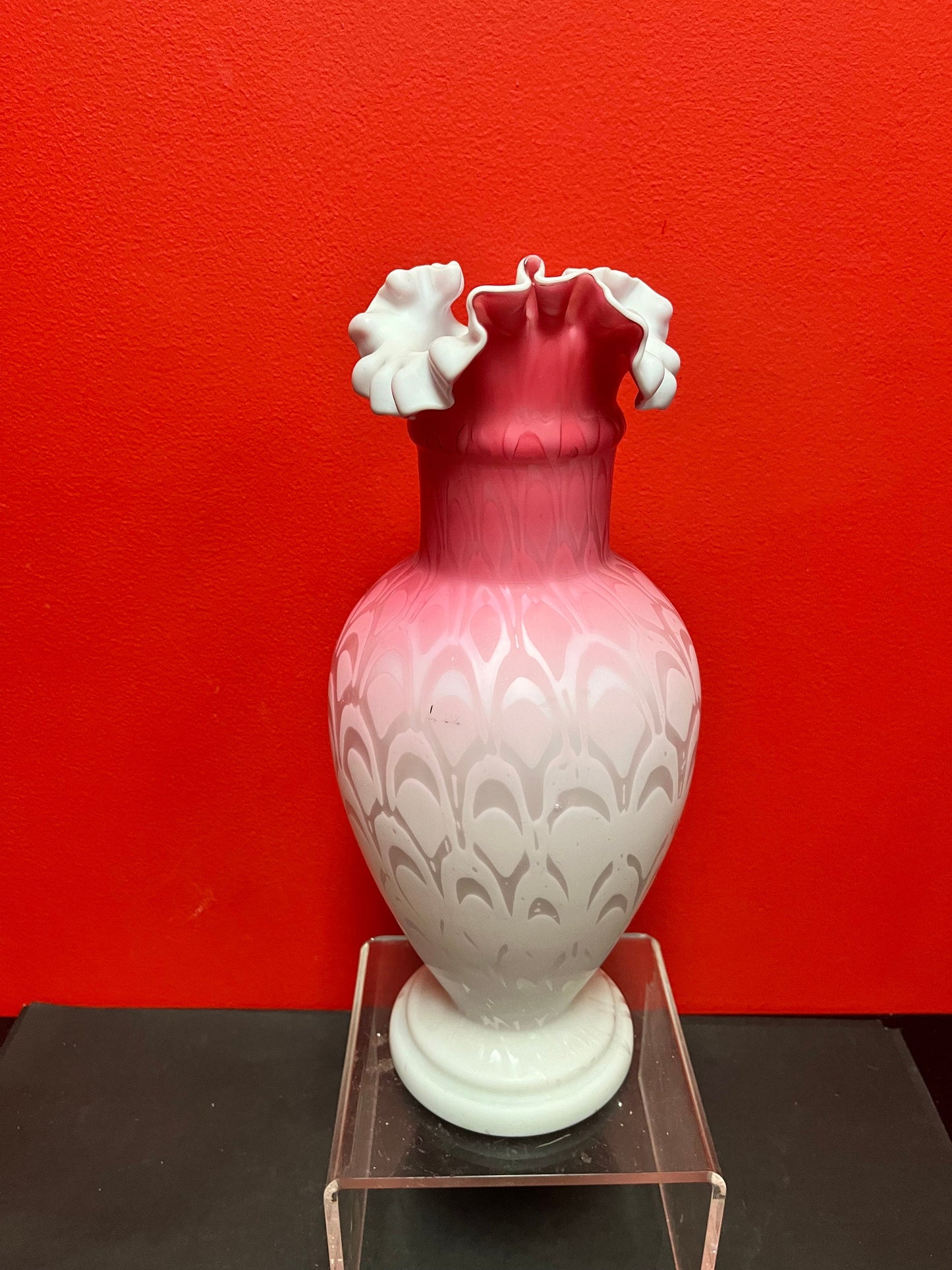 Magnificent 14 inch tall English antique Victorian satin glass ruffled vase  Mint condition  Wonderful example  Victorian satin glass