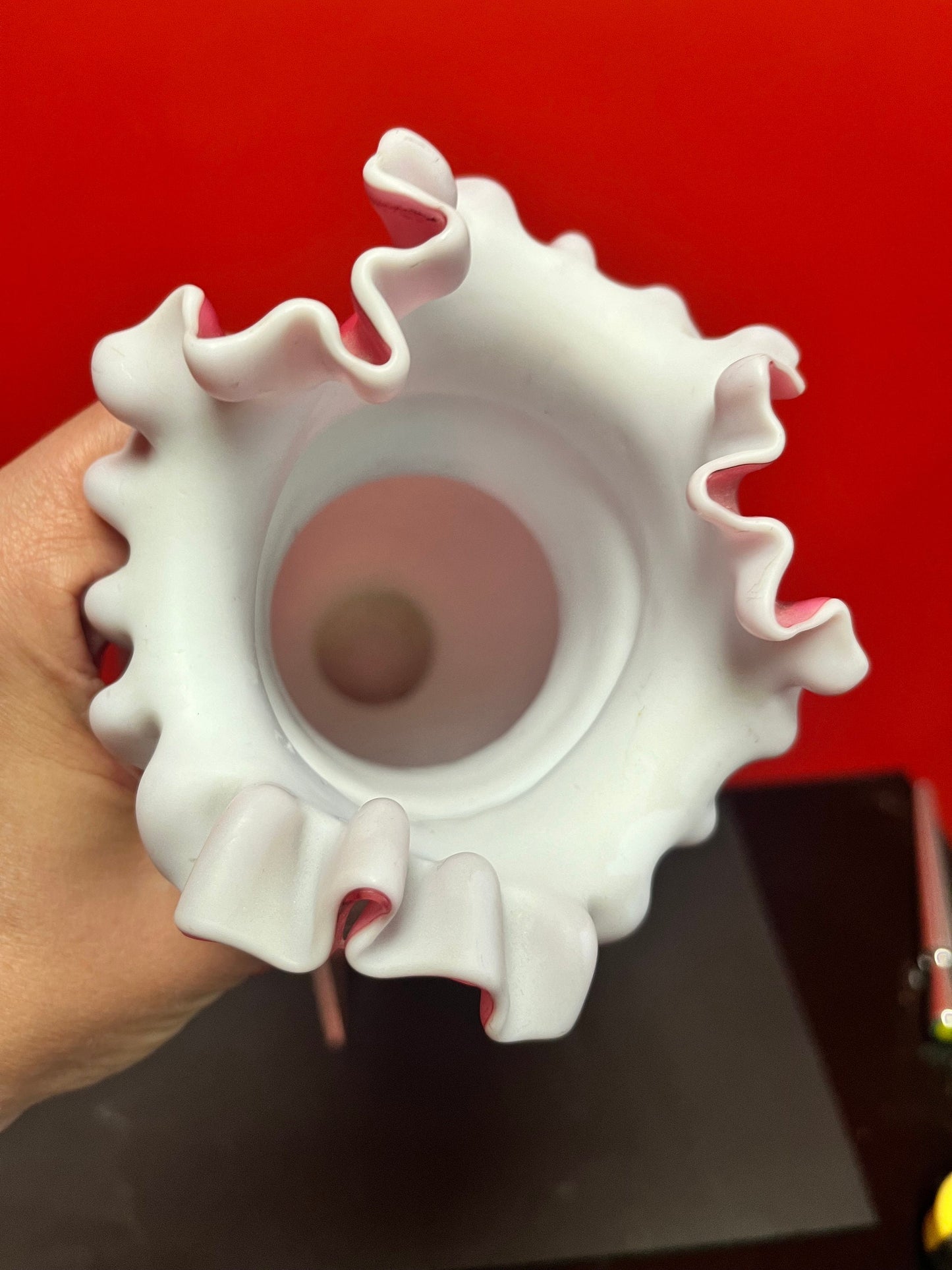 Magnificent 14 inch tall English antique Victorian satin glass ruffled vase  Mint condition  Wonderful example  Victorian satin glass