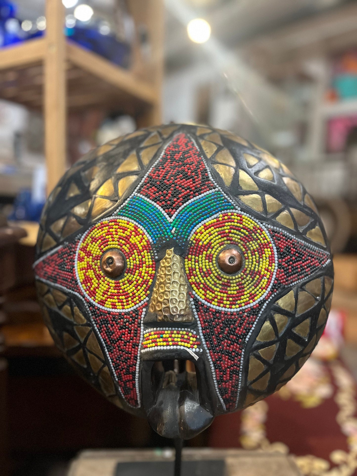 Very cool Africa Ghana beaded wooden mask  - stand not included -  hangs on the wall-/. 12 inch tall.