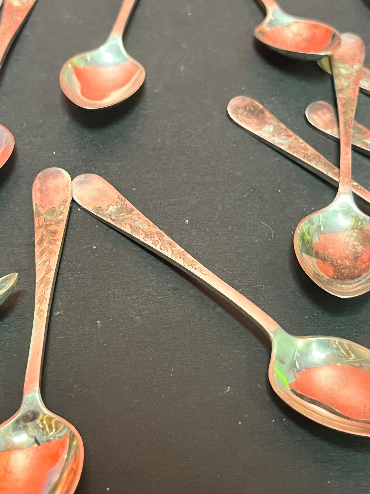 Set of 12 English sterling silver hallmarked teaspoons and sugar tongs  pretty design and needs a quick polish  great value