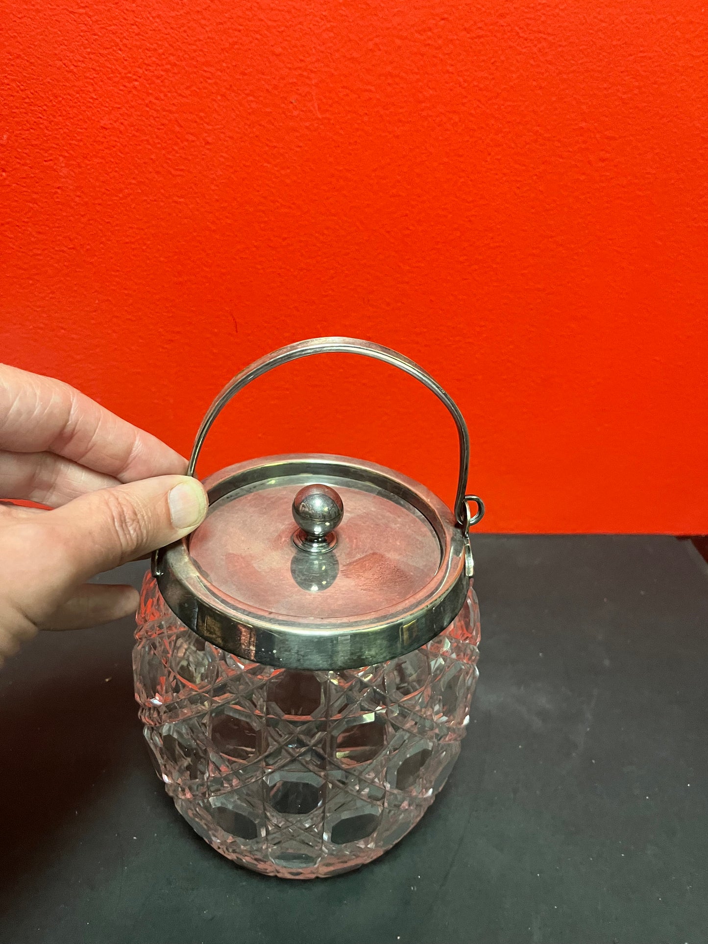 Lovely English silver plated and crystal 9 inch tall cookie jar   perfect condition.  a great gift or for your own home