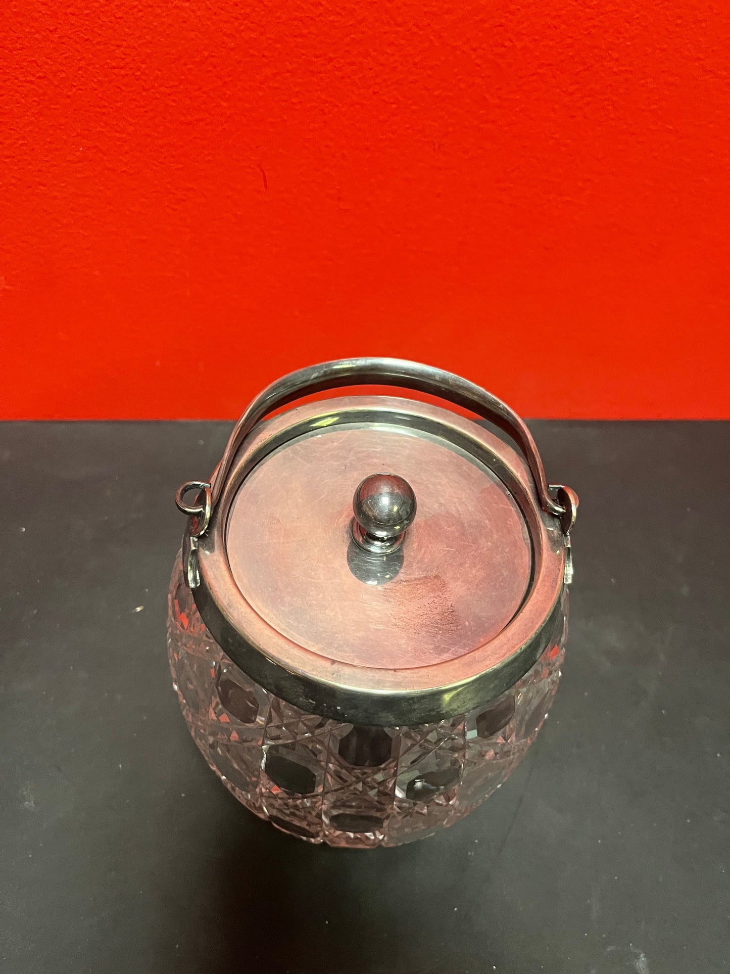 Lovely English silver plated and crystal 9 inch tall cookie jar   perfect condition.  a great gift or for your own home