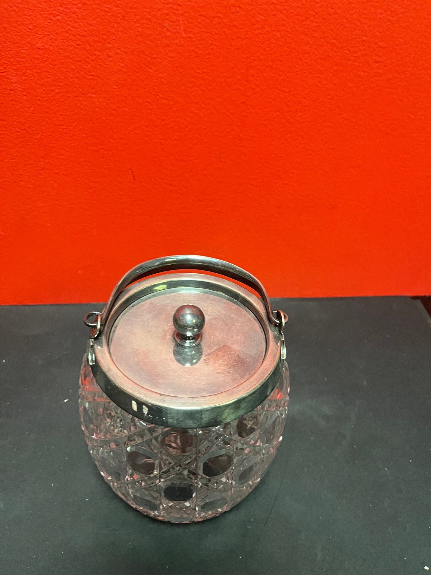 Lovely English silver plated and crystal 9 inch tall cookie jar   perfect condition.  a great gift or for your own home