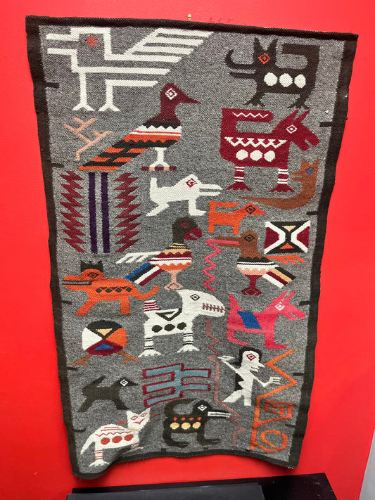 A  Fabulous 44 x 26  vintage Ecuadorean South American wool wall hanging  great imagery!! Really wonderful decor piece