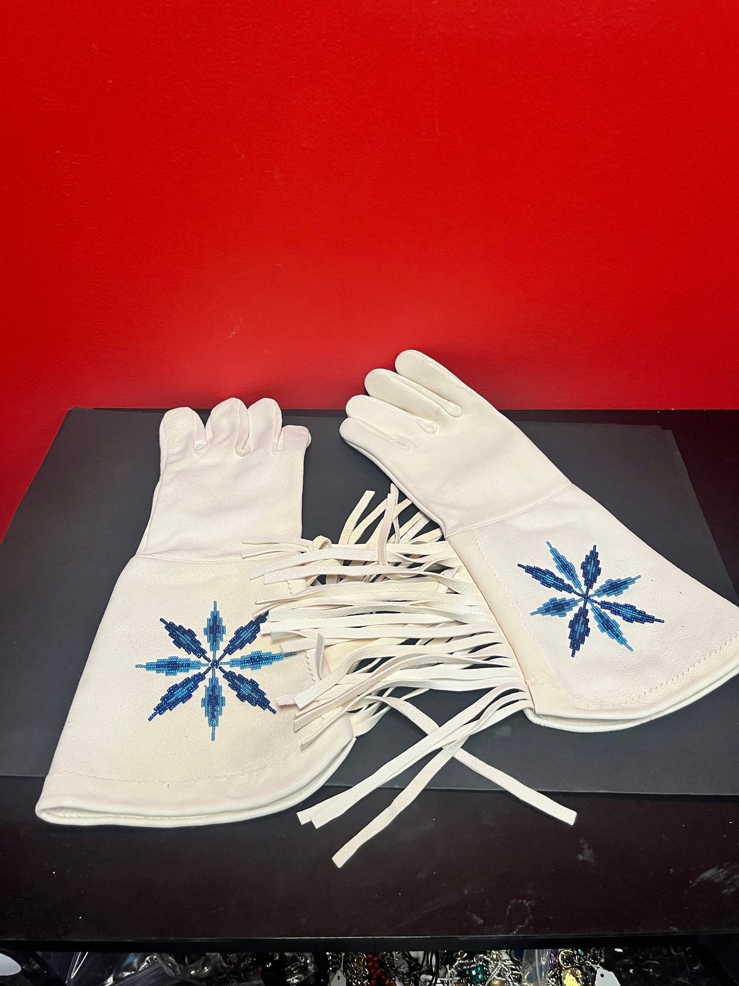 Absolutely fabulous 15 inch long indigenous first nations Pacific Northwest coast leather and beaded gloves   almost perfect condition