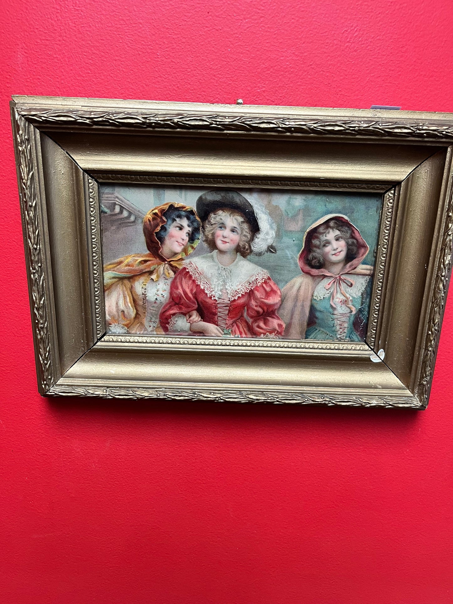 Antique 15 x 11 Victorian print of ladies in a fabulous gilt frame  lovely imagery